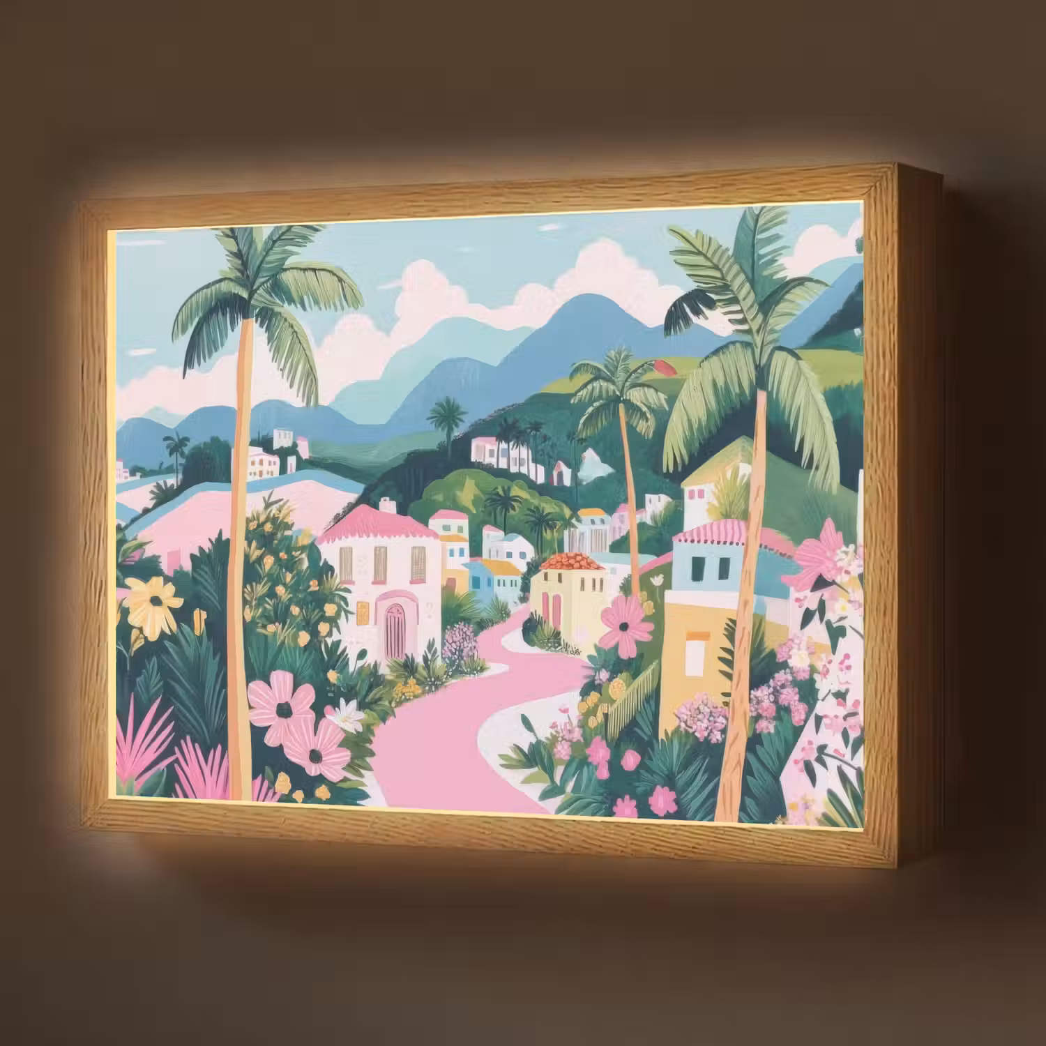 Kleurrijk - Huizen - Heuvels - Roze Light Box met batterij (Wandlamp) middel -z3d_website