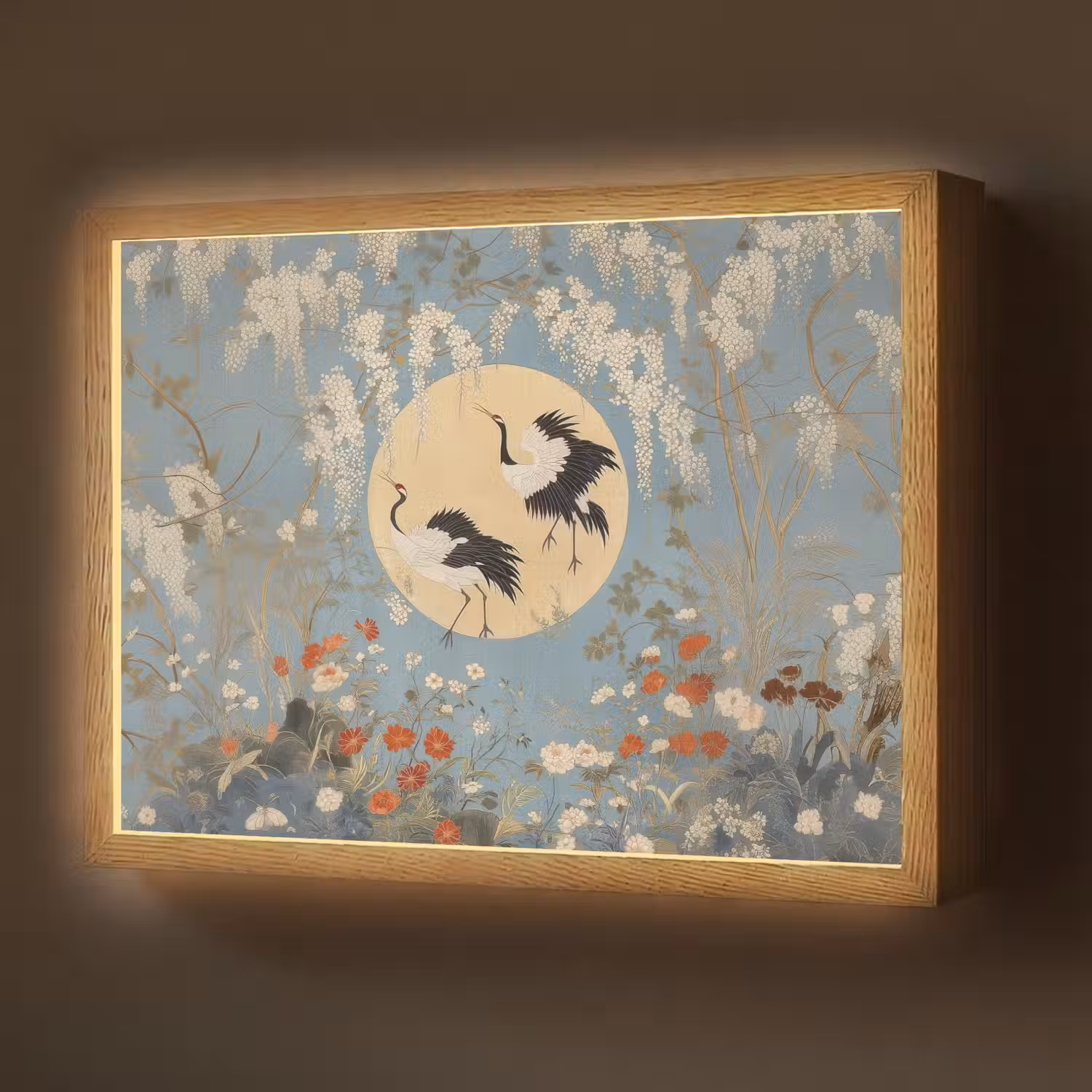 Kraanvogels - Maan - Bloemen - Blauw Light Box met batterij (Wandlamp) middel -z3d_website