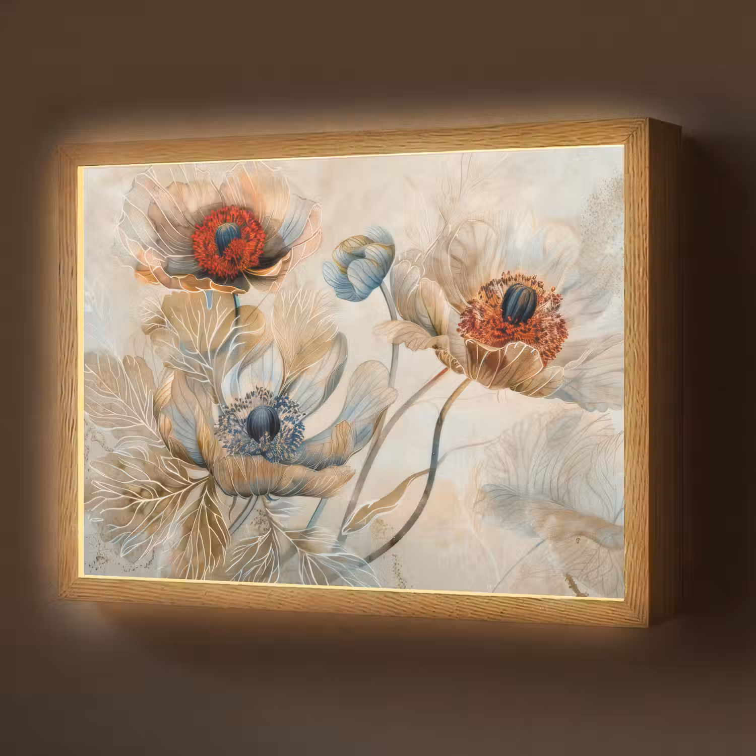 Bloemen - Beige - Modern - Illustratie Light Box met batterij (Wandlamp) middel -z3d_website