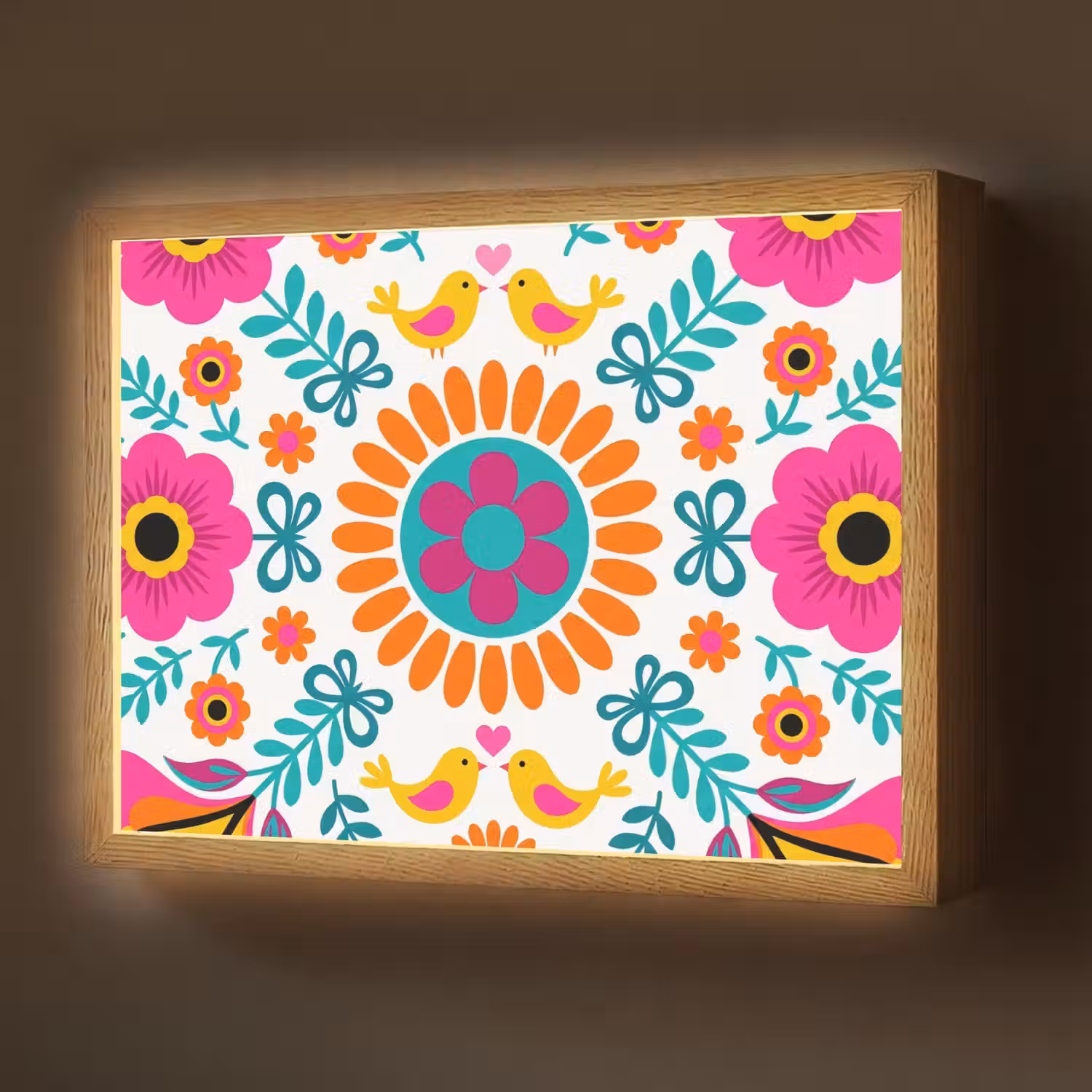 Bloemen - Vogel - Patroon - Kleurrijk - Modern Light Box met batterij (Wandlamp) middel -z3d_website