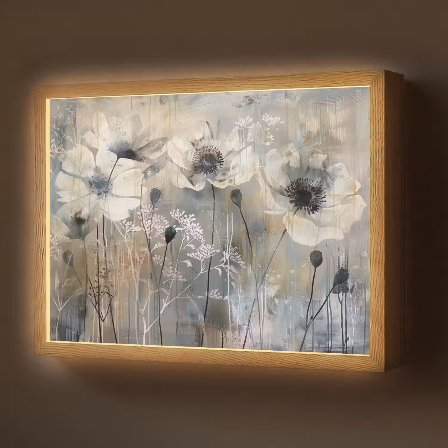 Bloemen - Planten - Grijs - Abstract Light Box met batterij (Wandlamp) middel -z3d_website