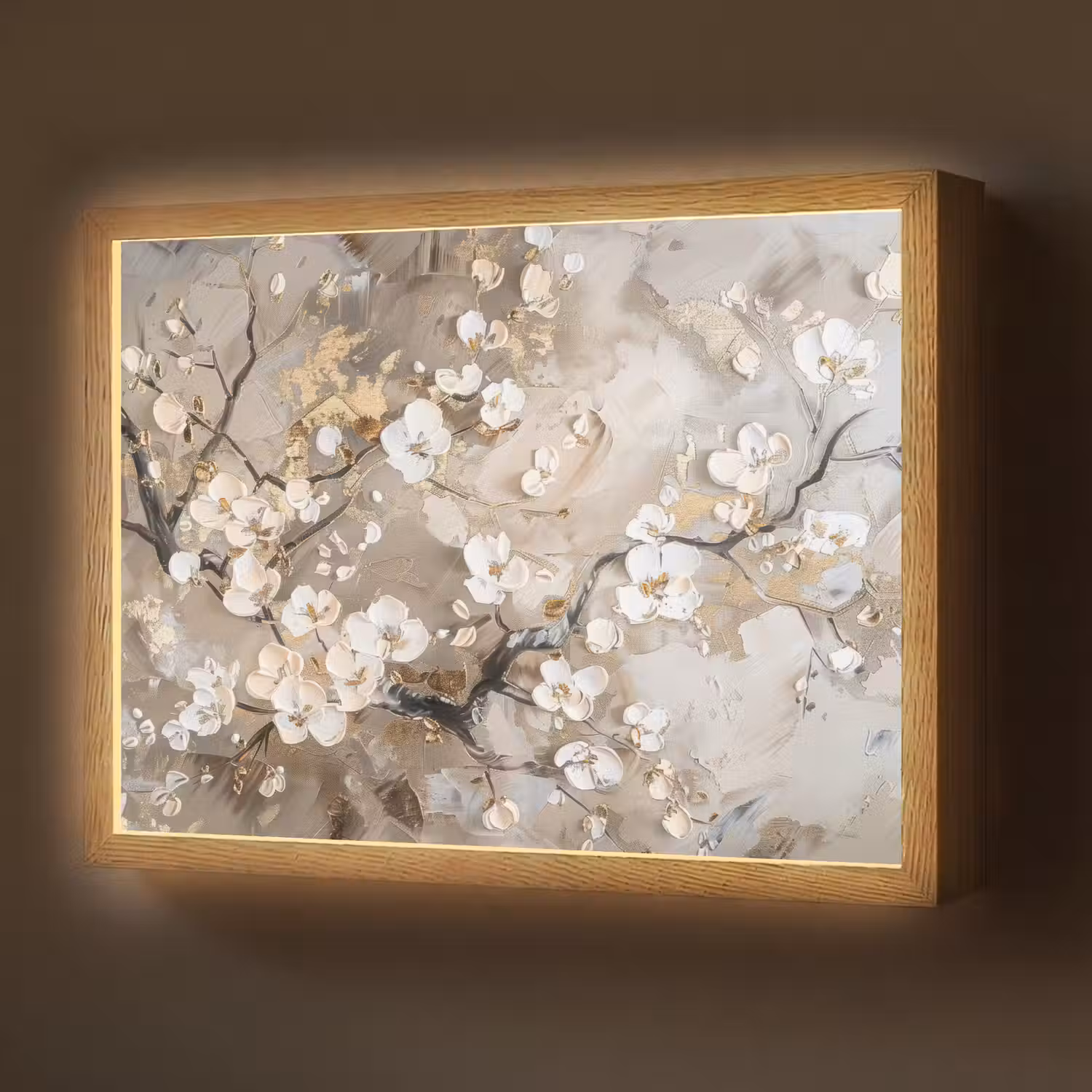 Bloemen - Wit - Goud - Beige - Luxe Light Box met batterij (Wandlamp) middel -z3d_website