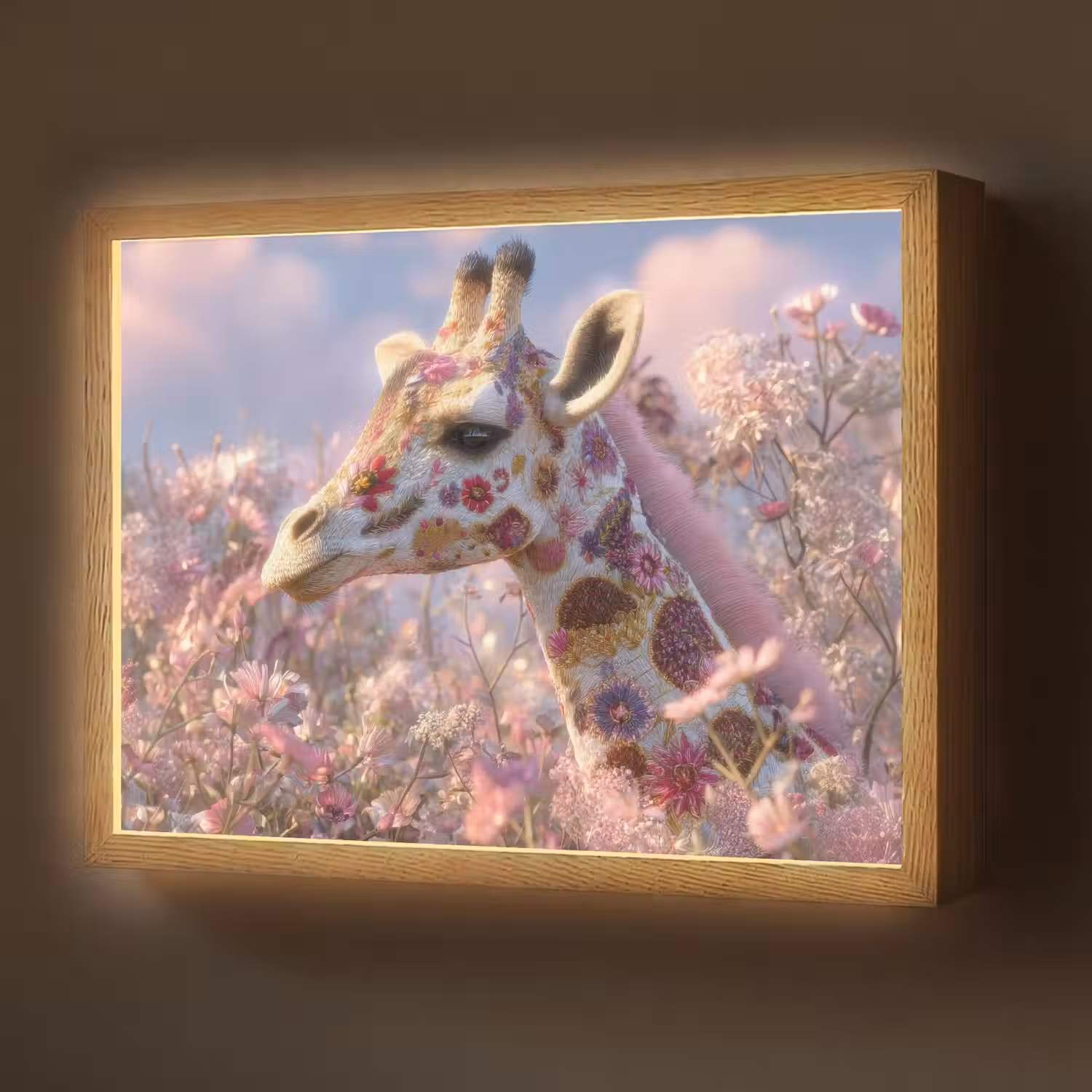 Giraffe - Bloemen - Roze Light Box met batterij (Wandlamp) middel -z3d_website