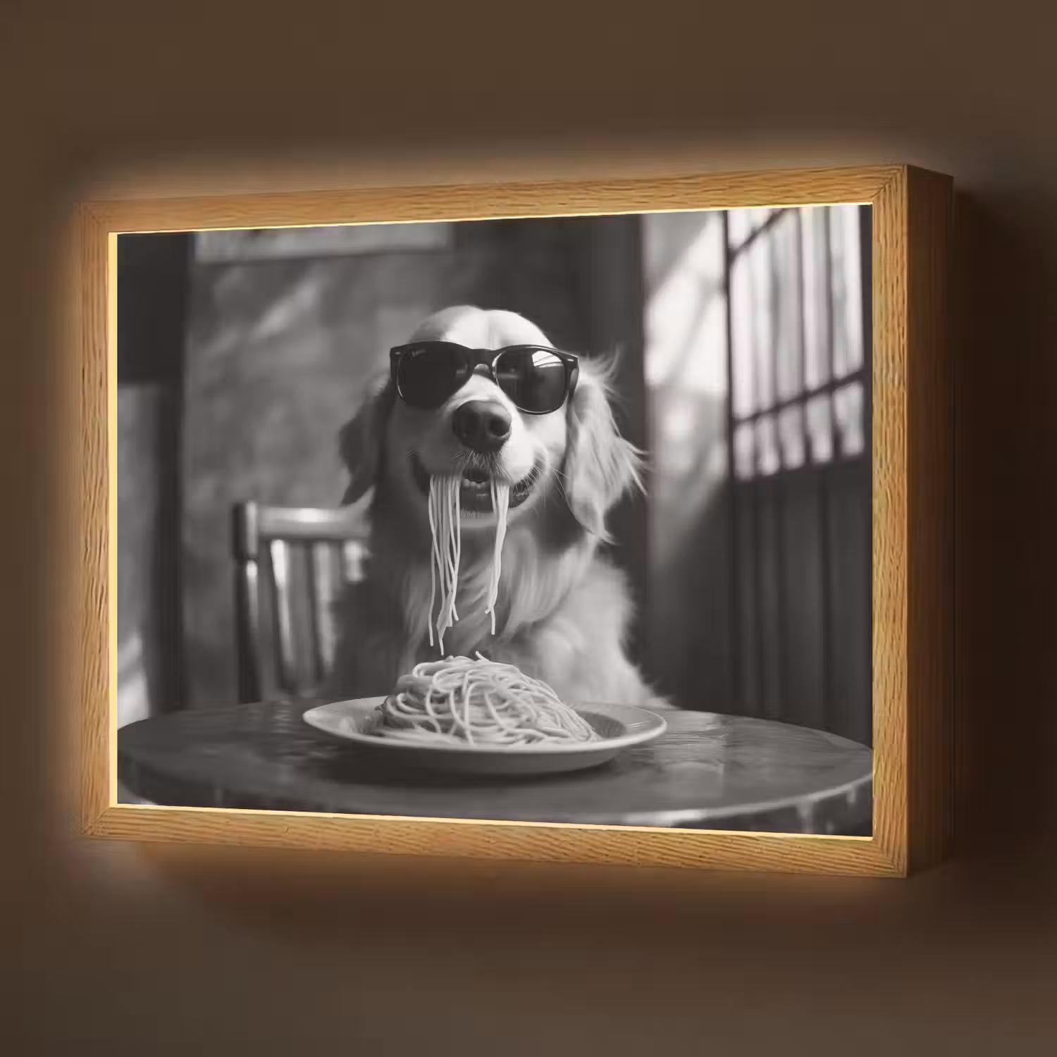 Golden Retriever - Hond - Vrolijk - Bord spaghetti - Zwart - wit Light Box met batterij (Wandlamp) middel -z3d_website