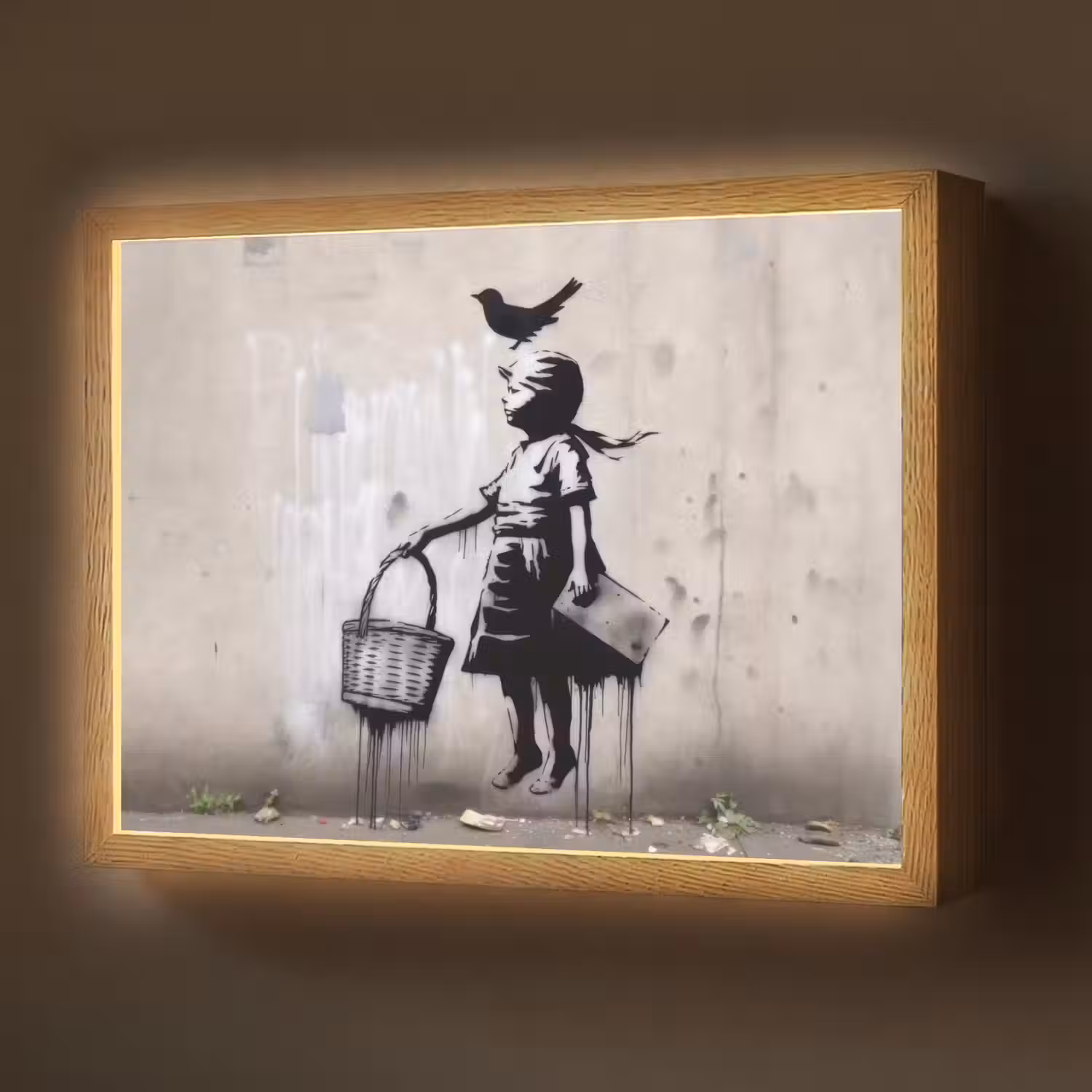 Graffiti - Meisje - Vogel - Street Art - Banksy Style Light Box met batterij (Wandlamp) middel -z3d_website