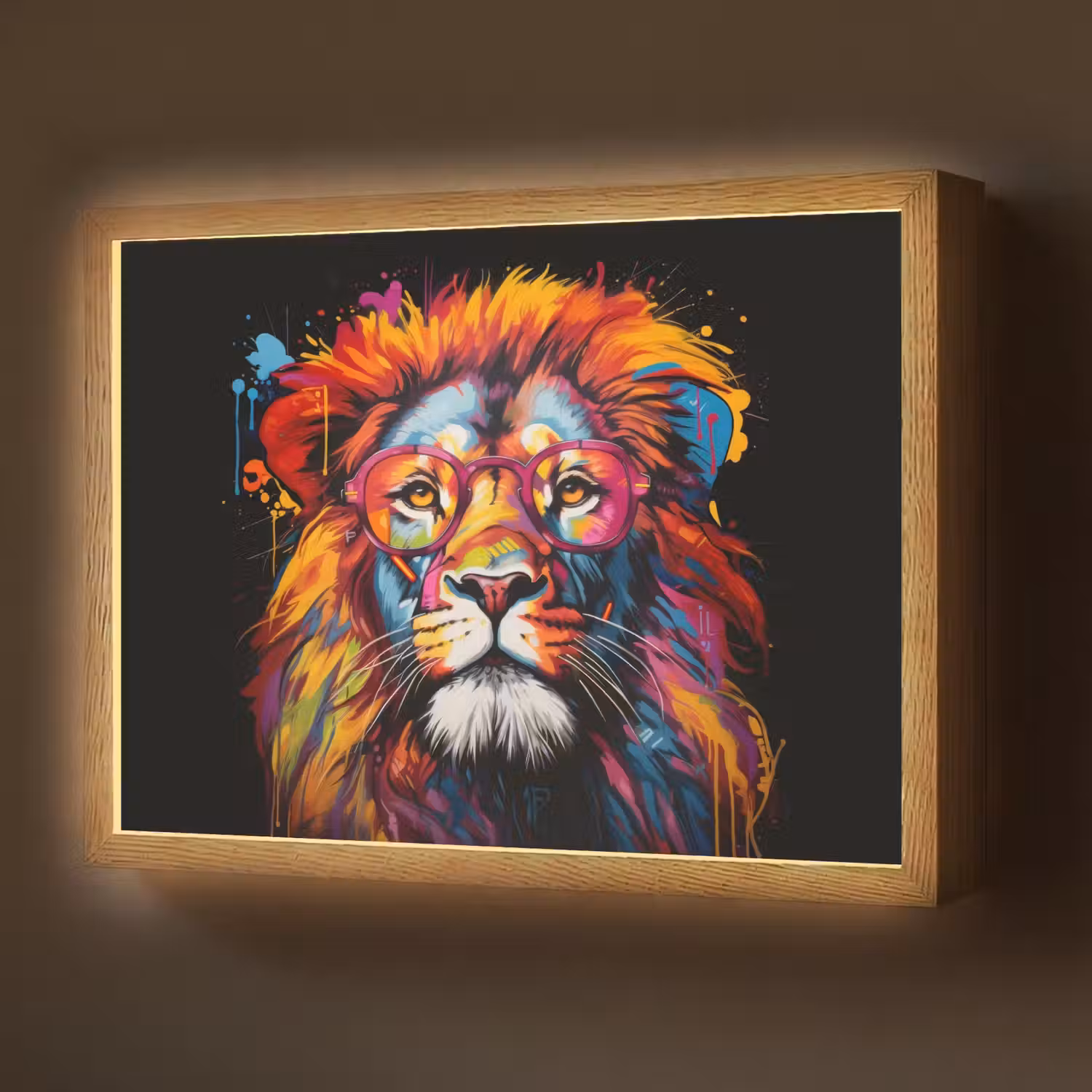 Graffiti - Leeuw - Bril - Zwart - Kleurrijk Light Box met batterij (Wandlamp) middel -z3d_website
