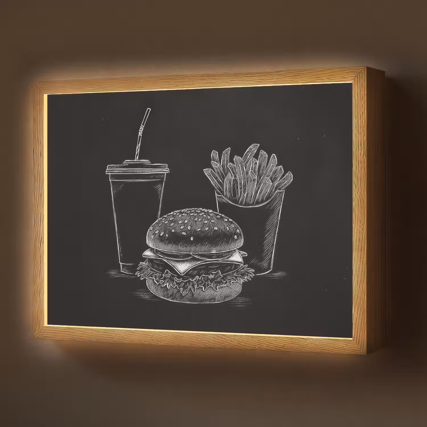 Hamburger - Friet - Frisdrank - Krijttekening Light Box met batterij (Wandlamp) middel -z3d_website