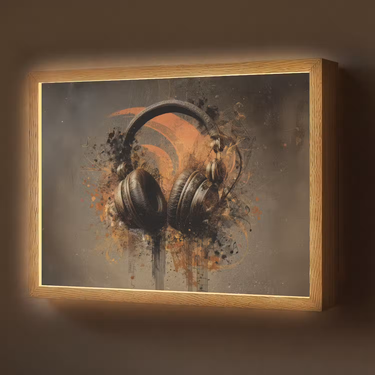 Koptelefoon - Bruin - Verf - Vintage Light Box met batterij (Wandlamp) middel -z3d_website
