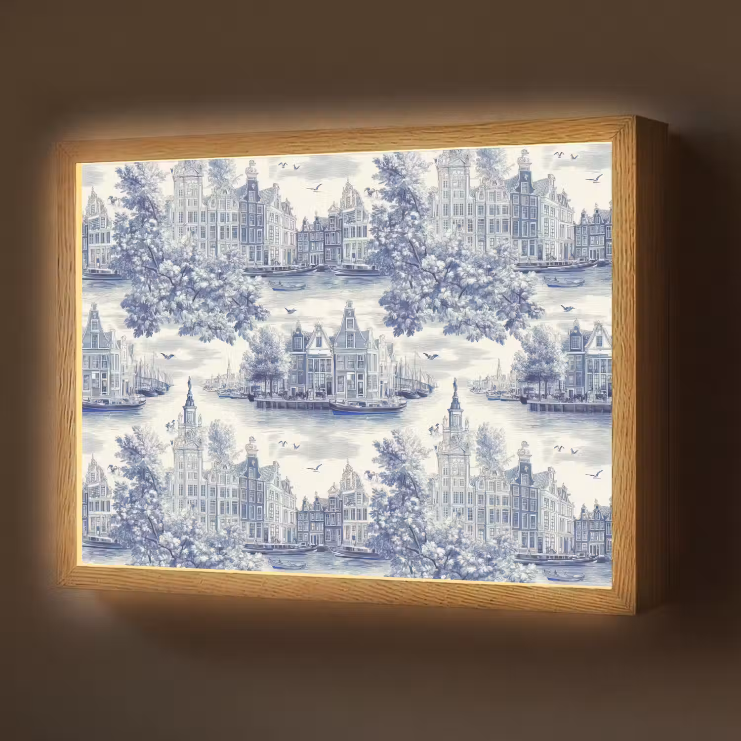 Huizen - Bomen - Water - Vogels - Blauw Light Box met batterij (Wandlamp) middel 907 -z3d_website