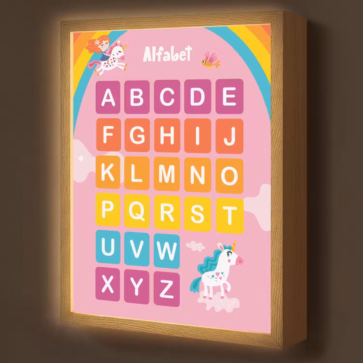 Alfabet - Educatief - Letters leren voor kinderen - Roze - Eenhoorn Light Box met batterij (Wandlamp kind) middel -z3d_website