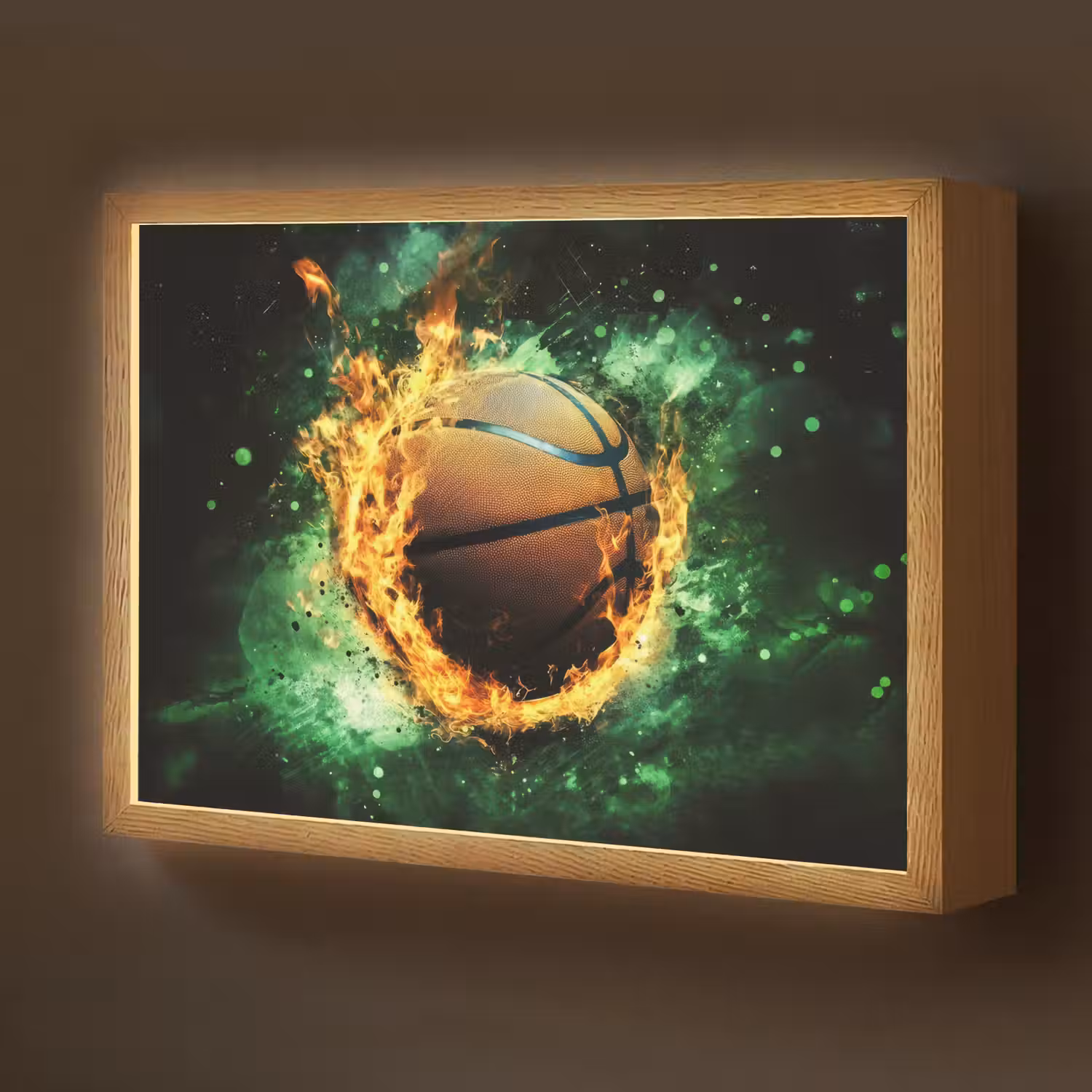 Basketbal - Vuur - Vlammen - Groen Light Box met batterij (Wandlamp kind) middel -z3d_website