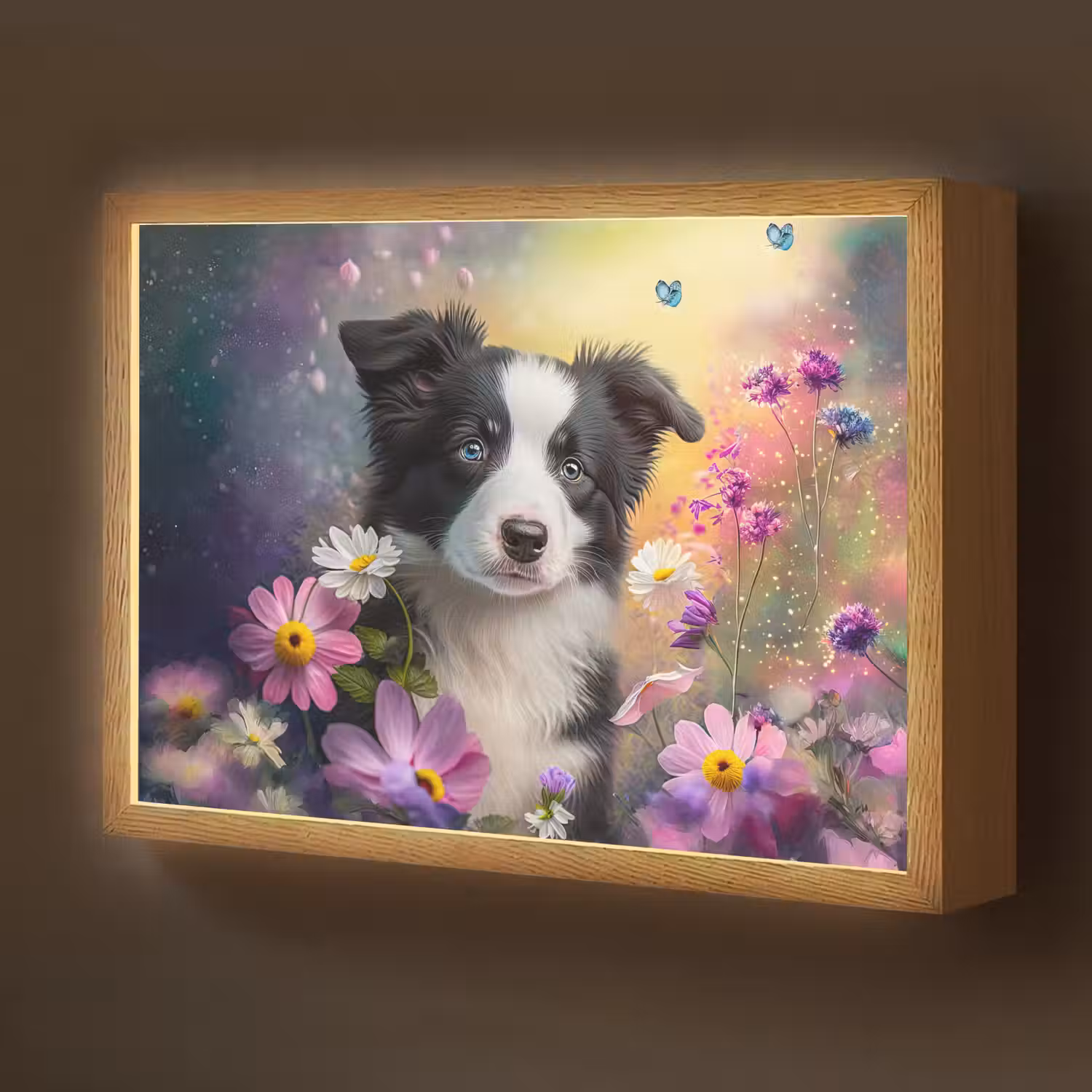 Hond - Bloemen - Natuur - Puppy - Bordercollie Light Box met batterij (Wandlamp kind) middel -z3d_website