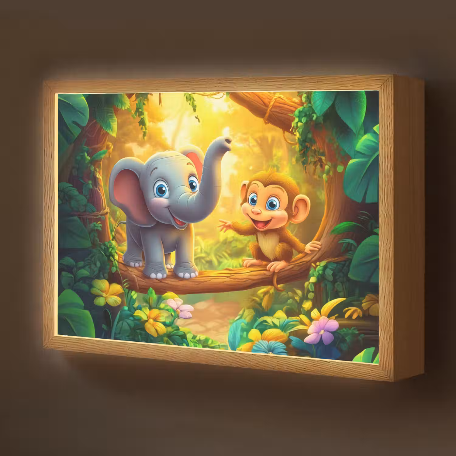 Olifant - Appje - Jungle - Kleurrijk Light Box met batterij (Wandlamp kind) middel -z3d_website