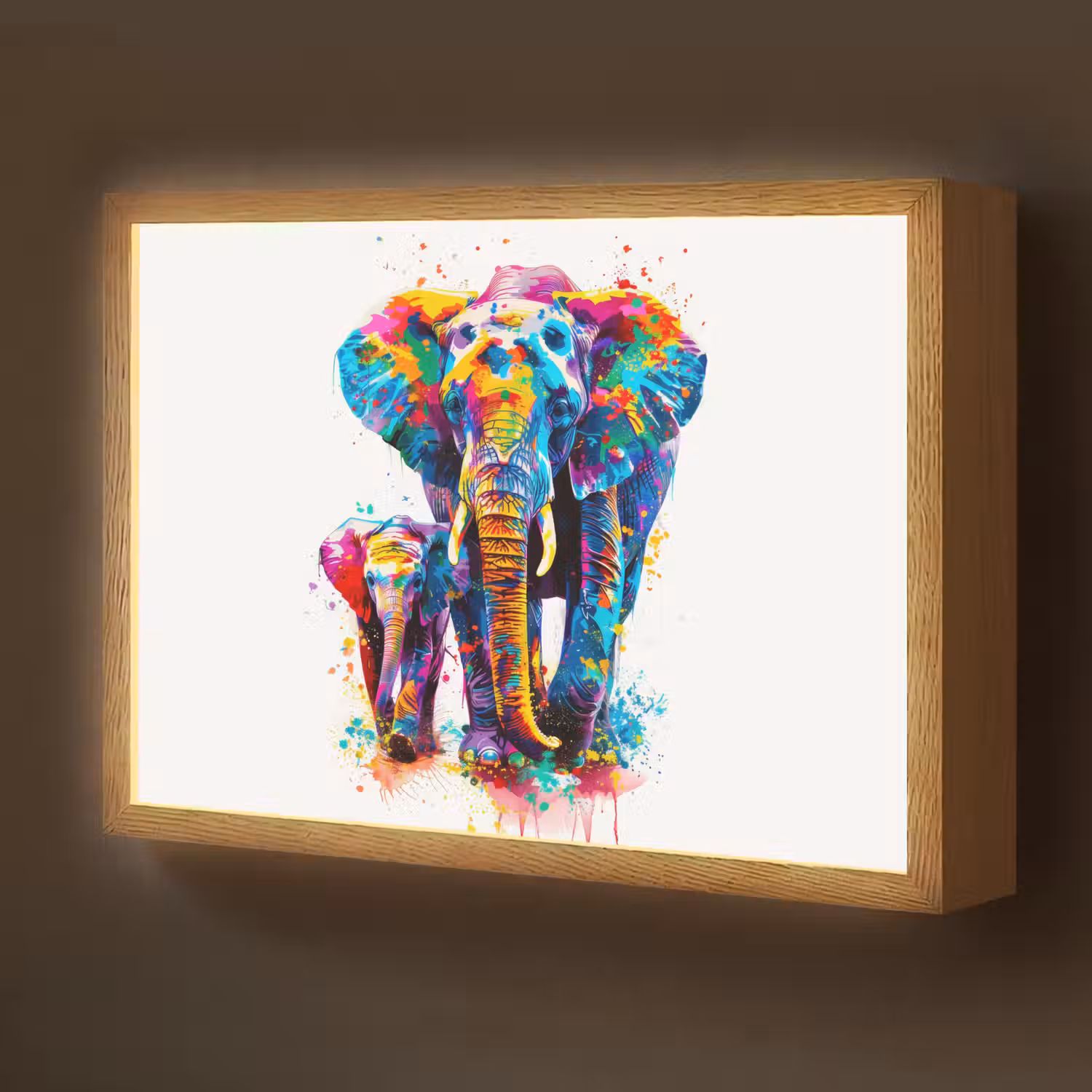 Olifanten - Dieren - Verf - Kleurrijk Light Box met batterij (Wandlamp kind) middel -z3d_website