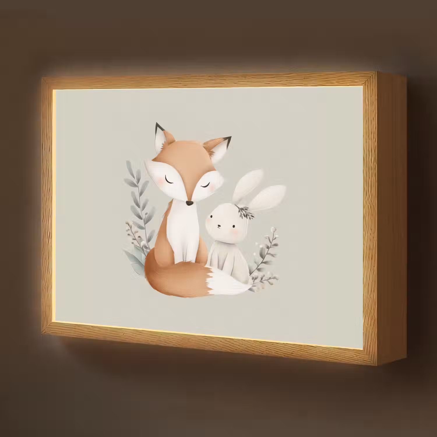 Illustratie - Vos - Konijn - Bladeren Light Box met batterij (Wandlamp kind) middel -z3d_website