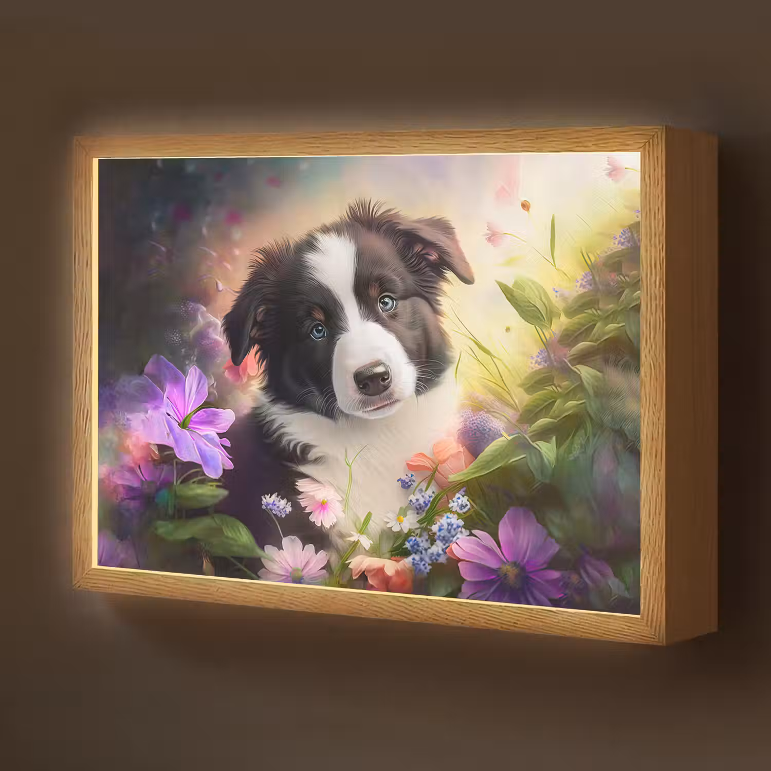 Puppy - Zon - Bloemen - Natuur - Bordercollie - Hond Light Box met batterij (Wandlamp kind) middel -z3d_website