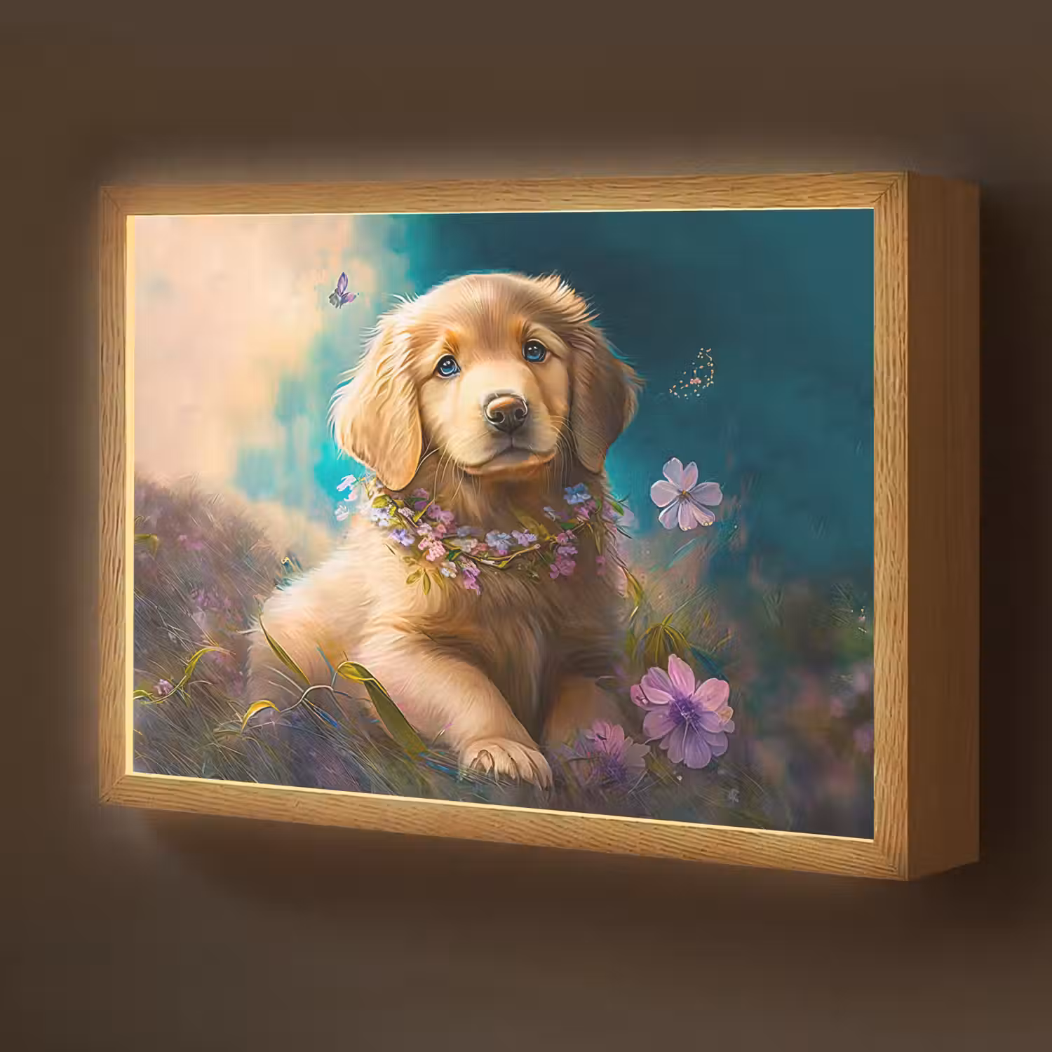 Puppy - Bloemenkrans - Vlinder - Hond - Golden retriever Light Box met batterij (Wandlamp kind) middel -z3d_website