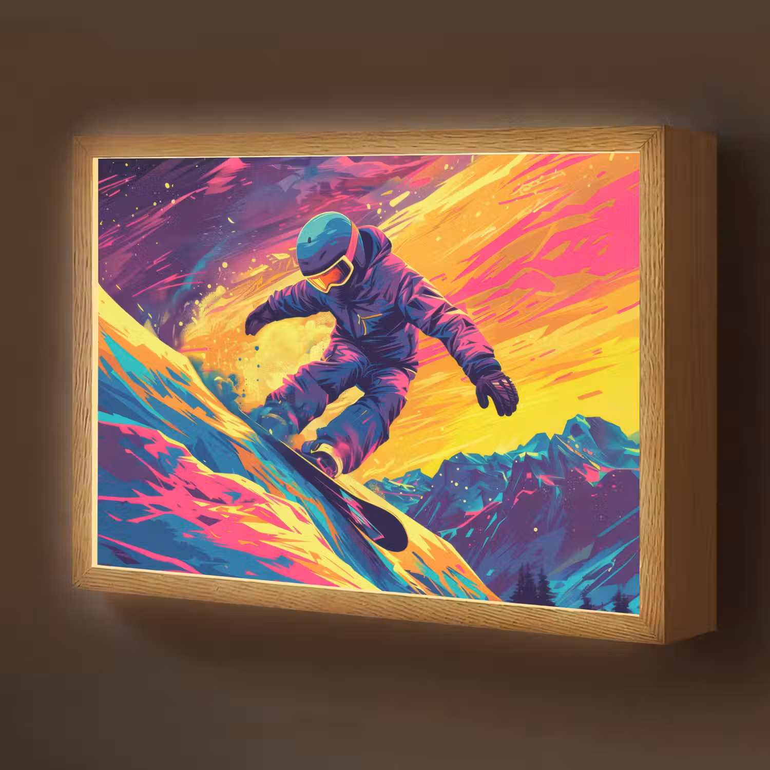Snowboarden - Sneeuw - Kleurrijk Light Box met batterij (Wandlamp kind) middel -z3d_website