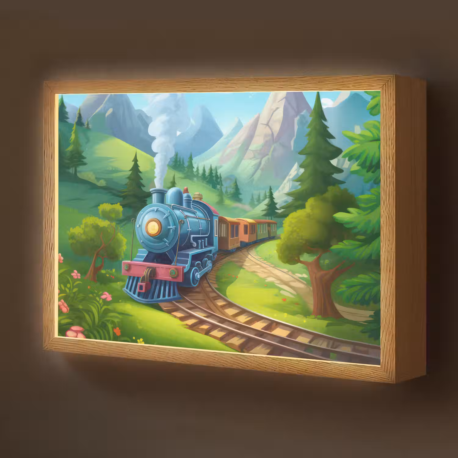 Trein - Bloemen - Kinderen - Natuur Light Box met batterij (Wandlamp kind) middel -z3d_website