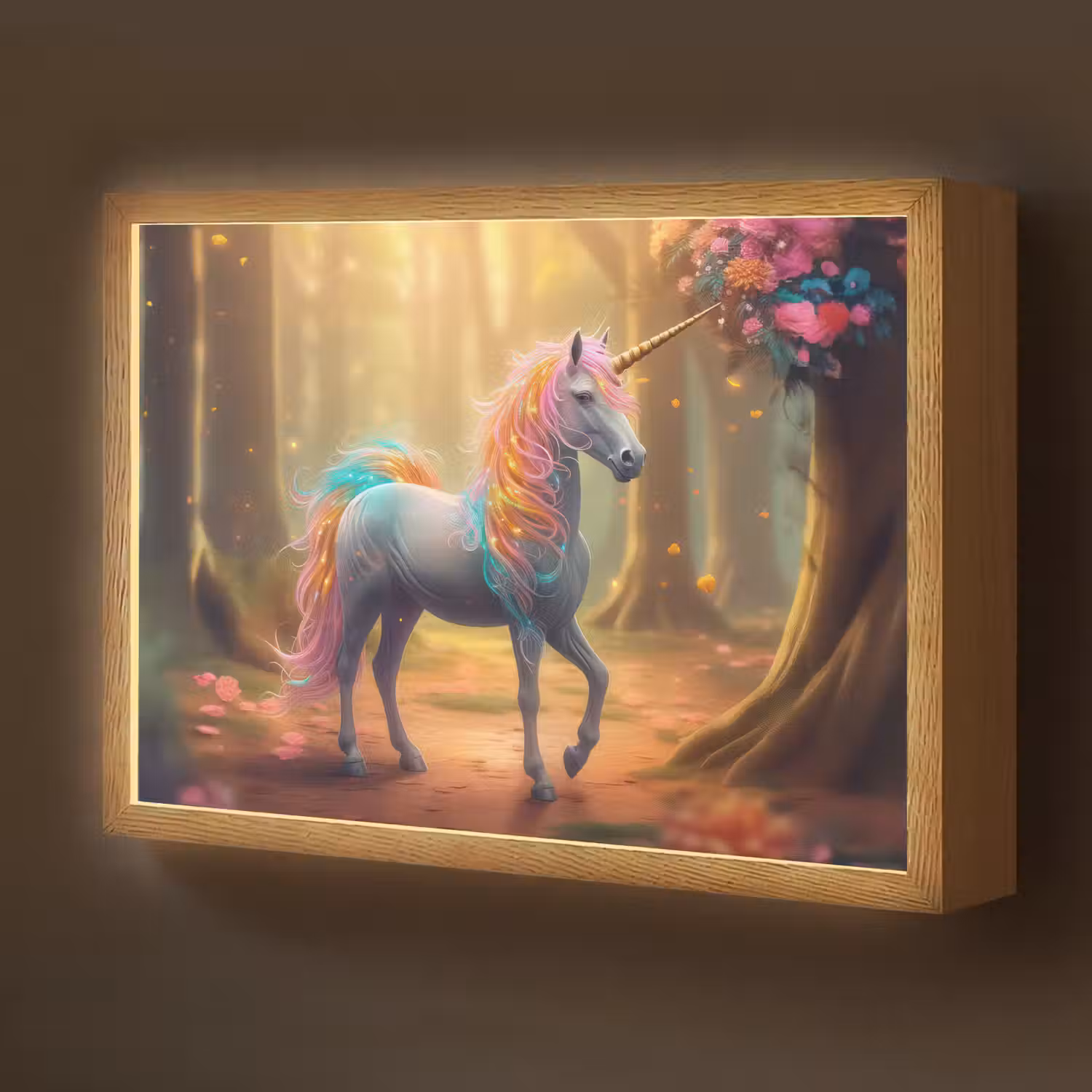Eenhoorn - Bos - Kleurrijk - Bloemen - Meiden Light Box met batterij (Wandlamp kind) middel -z3d_website