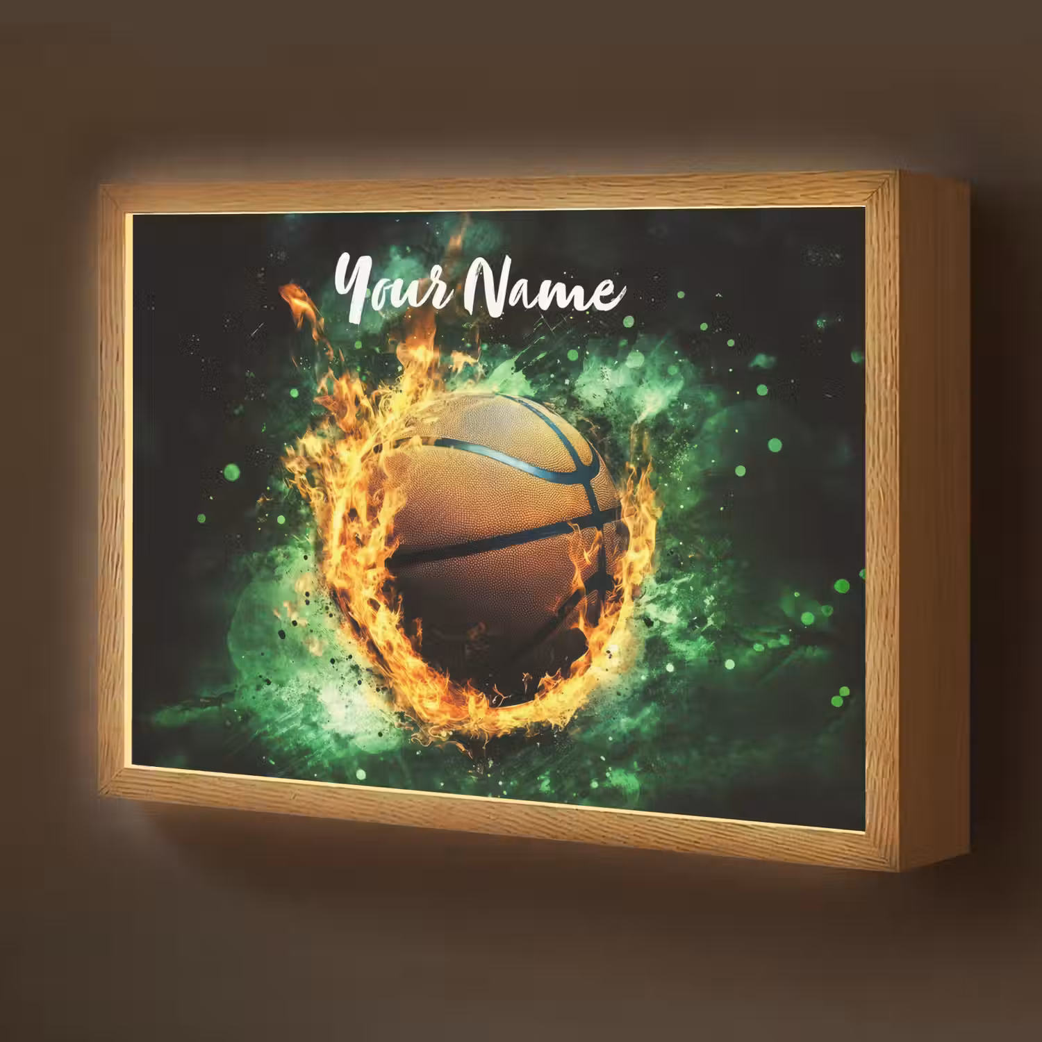 Basketbal - Vuur - Vlammen - Groen Light Box met batterij (Wandlamp kind) middel -z3d_website