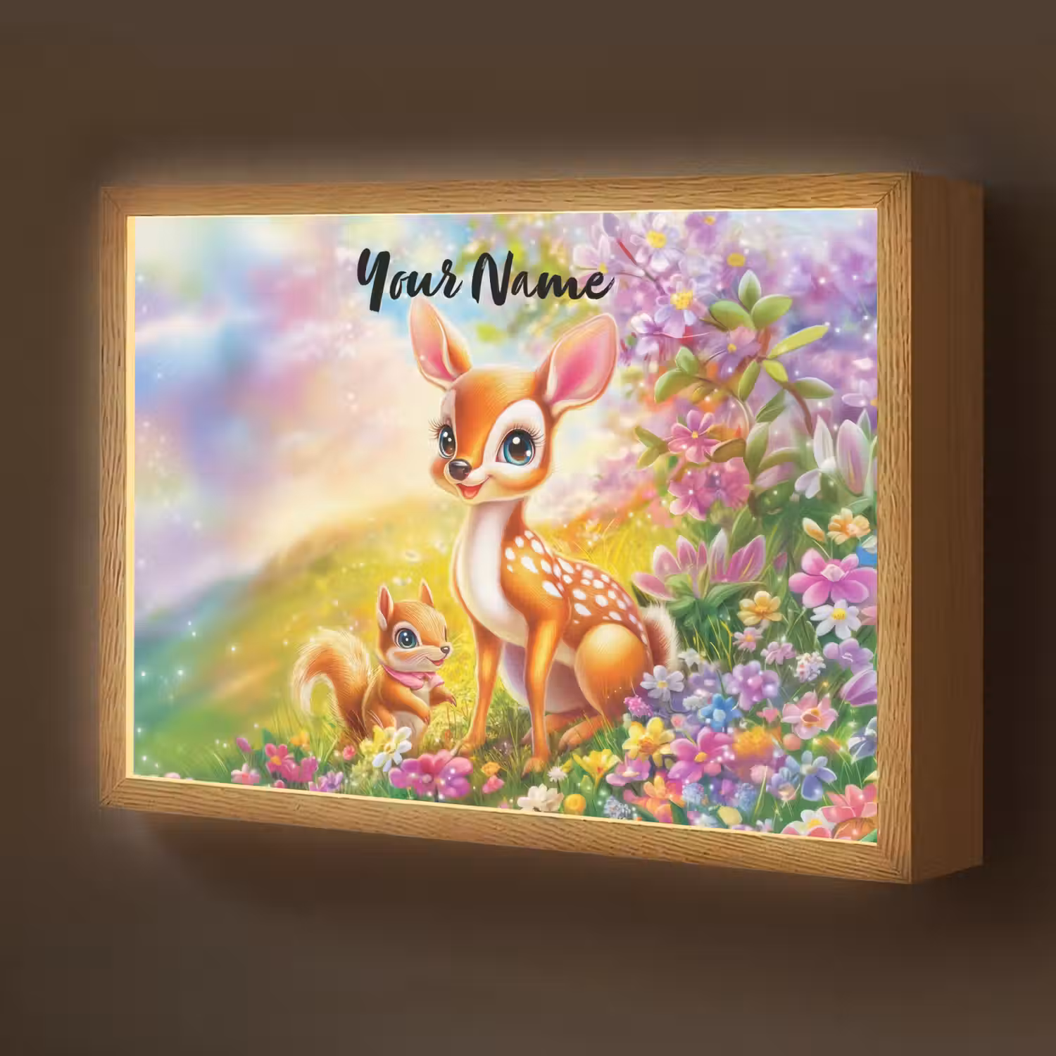 Hertje - Eekhoorn - Bloemenveld - Kleurrijk Light Box met batterij (Wandlamp kind) middel -z3d_website