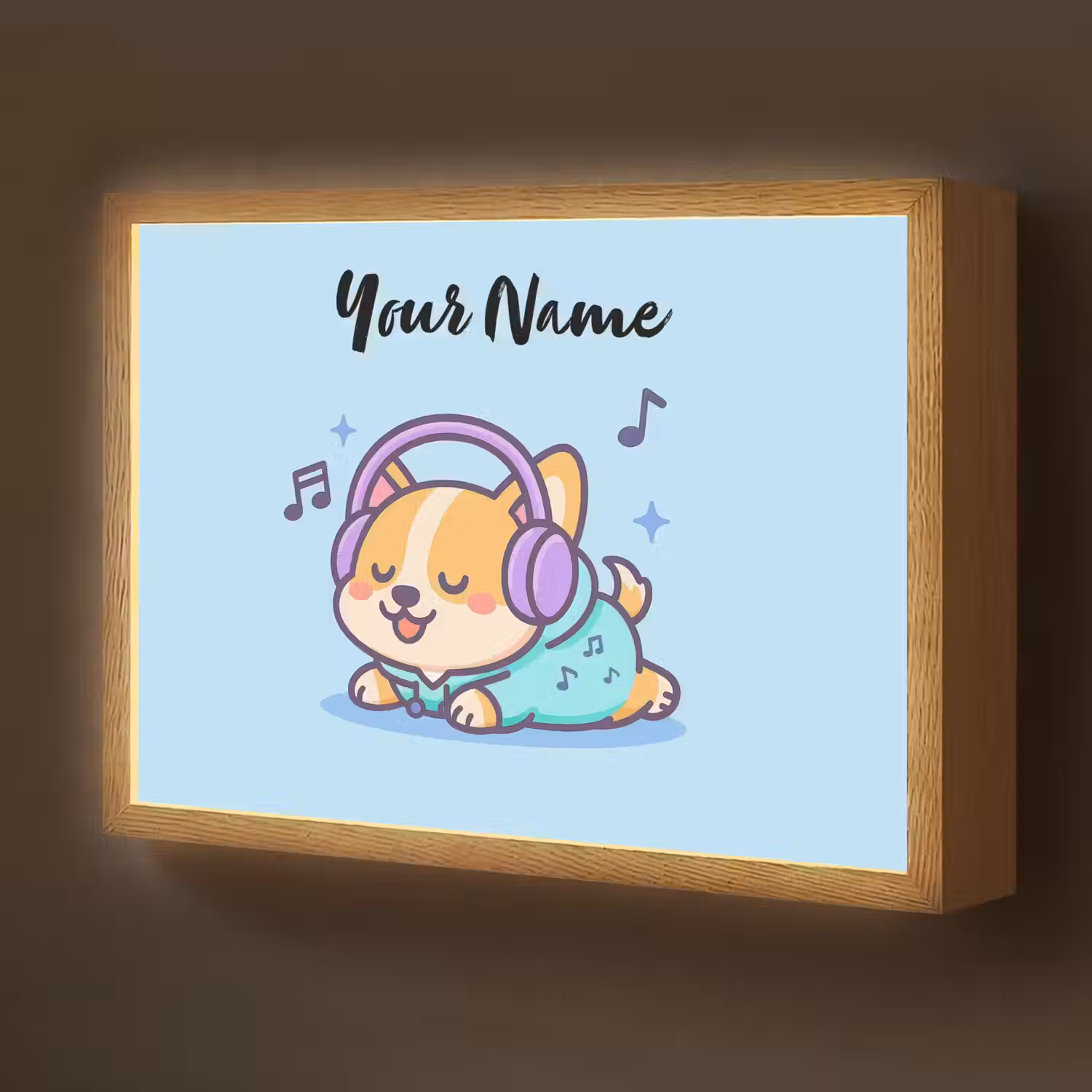 Hondje - Koptelefoon - Blauw - Muzieknoten Light Box met batterij (Wandlamp kind) middel -z3d_website