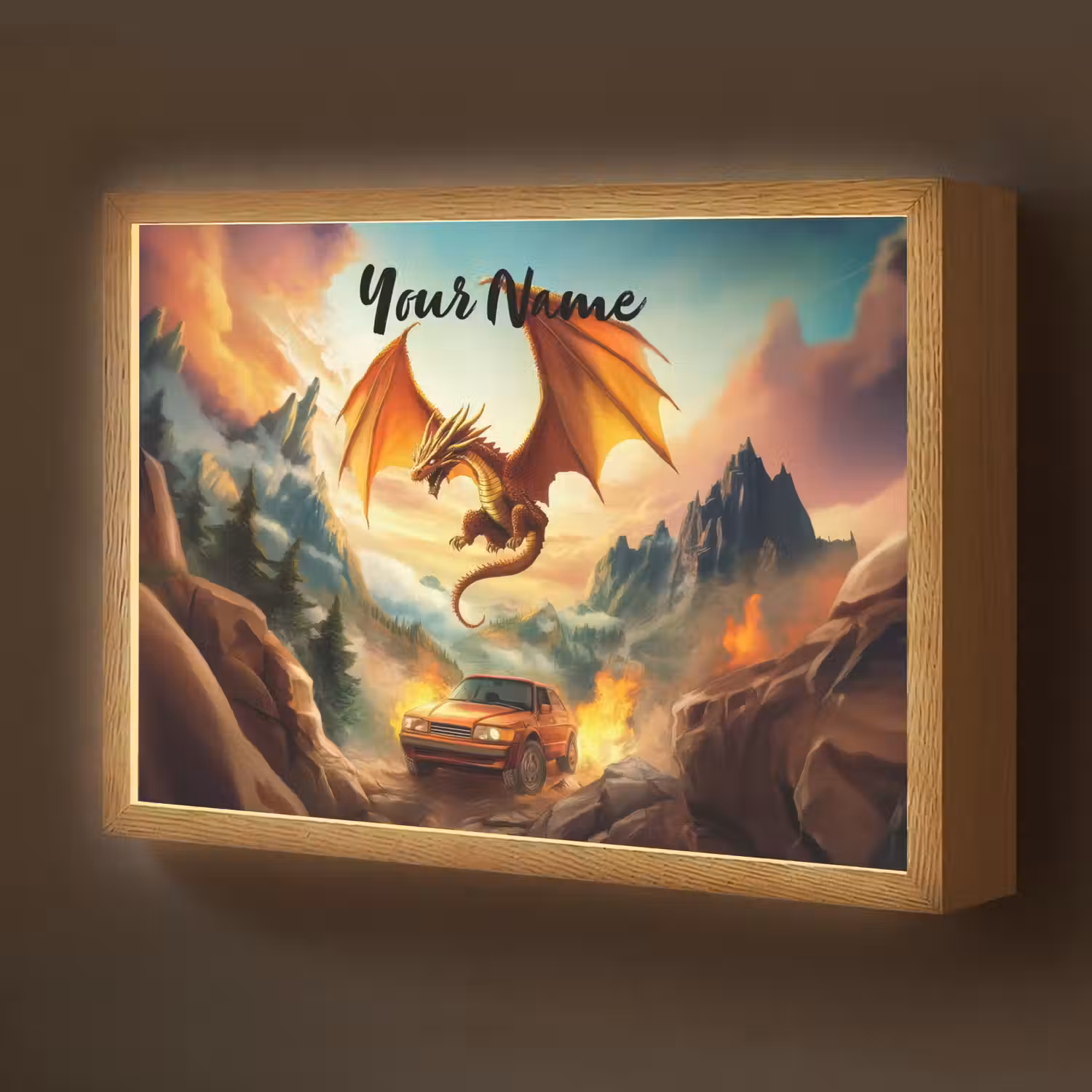 Draak - Auto - Bergen - Vuur Light Box met batterij (Wandlamp kind) middel -z3d_website
