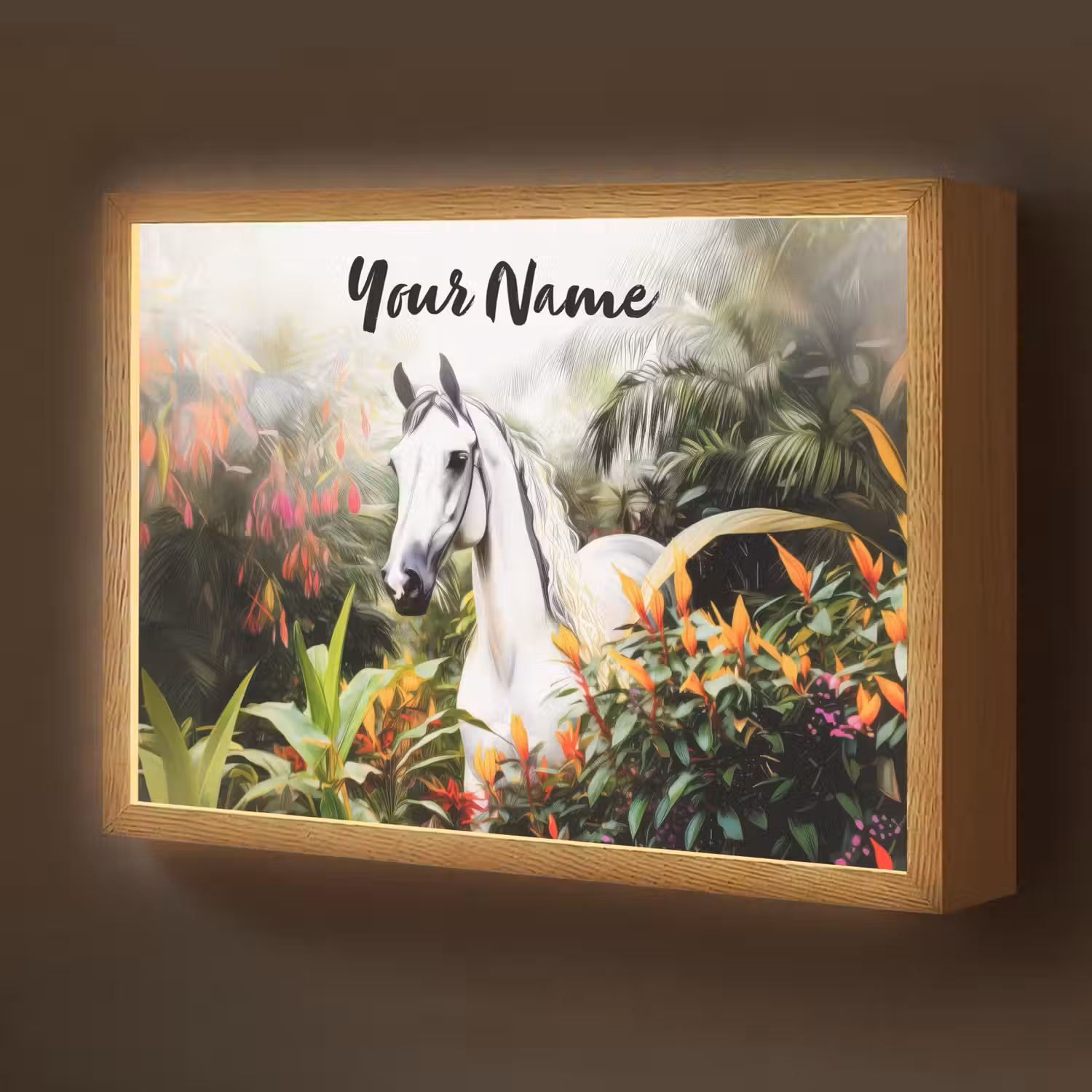 Paard - Wit - Bos - Bloemen - Planten Light Box met batterij (Wandlamp kind) middel -z3d_website