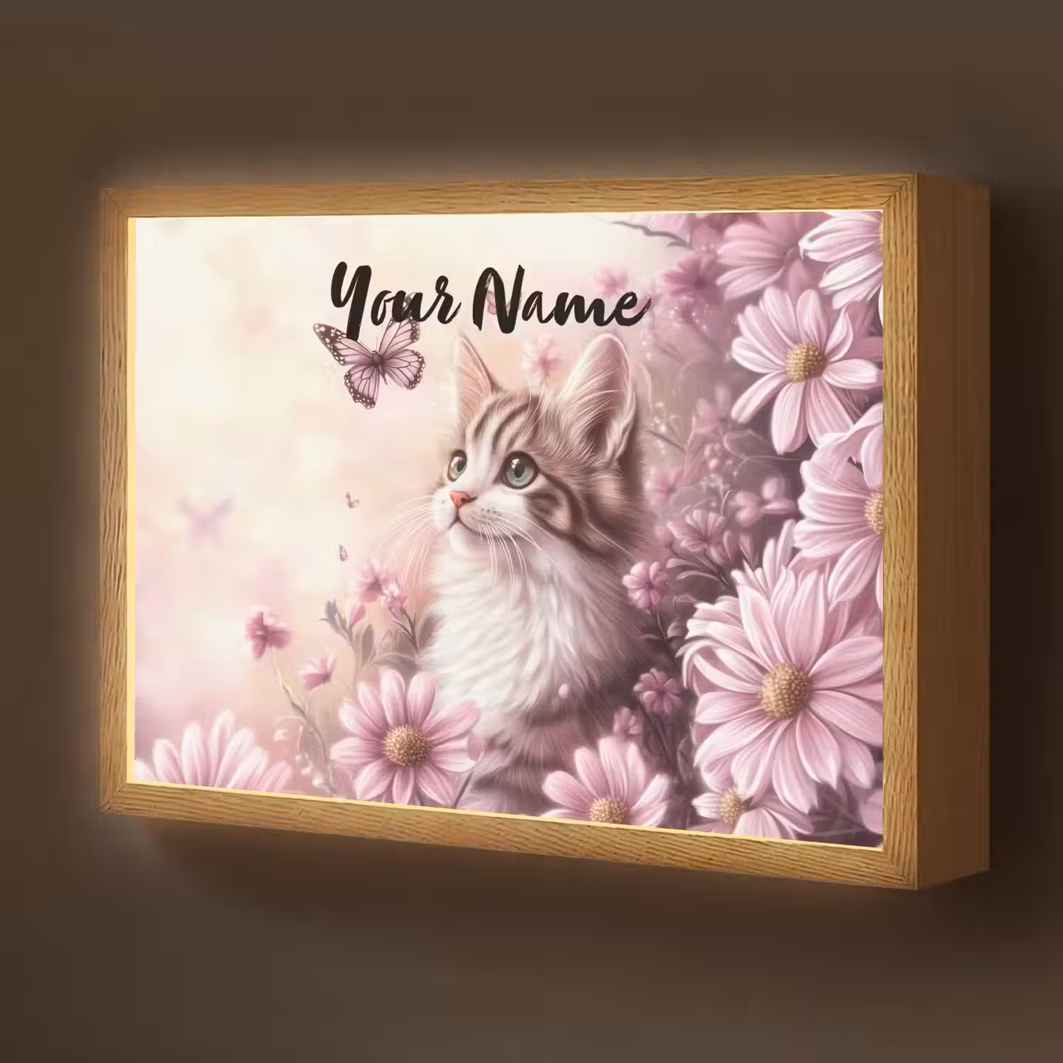 Kitten - Bloemen - Vlinders - Paars Light Box met batterij (Wandlamp kind) middel -z3d_website
