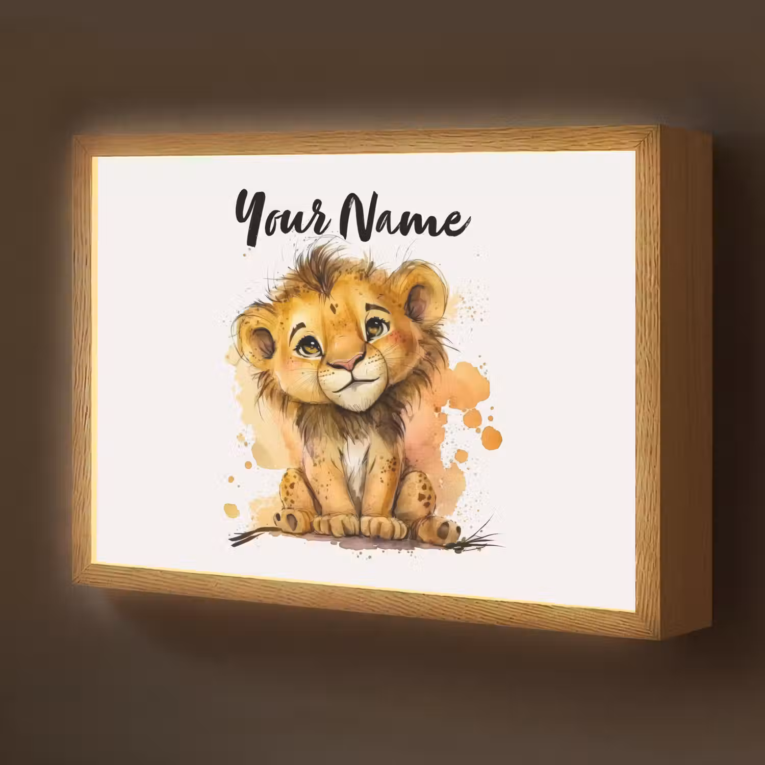 Leeuw - Waterverf - Bruin - Dieren - Meisjes - Jongens Light Box met batterij (Wandlamp kind) middel -z3d_website