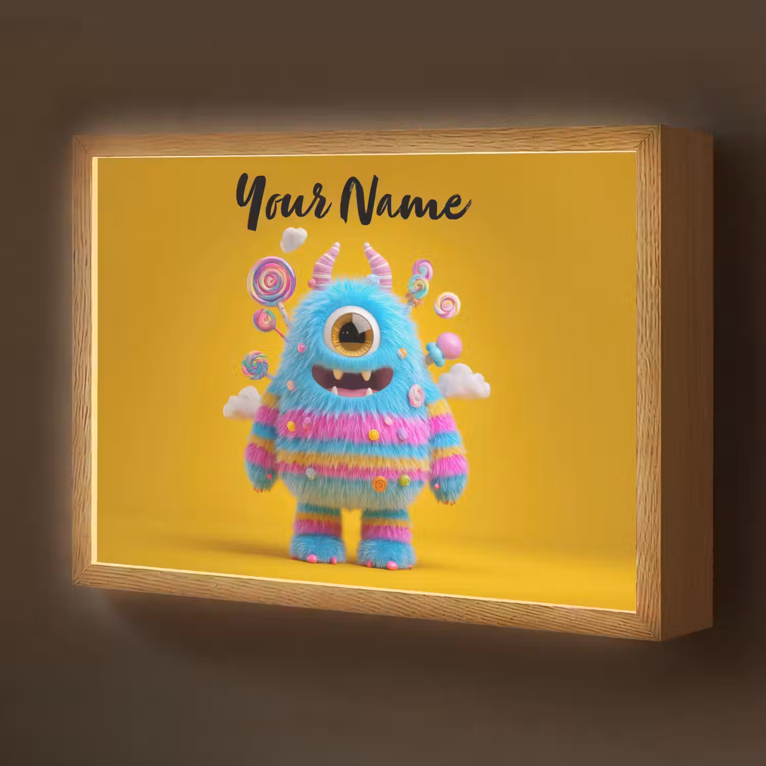 Monster - Snoep - Geel - Kleurrijk Light Box met batterij (Wandlamp kind) middel -z3d_website