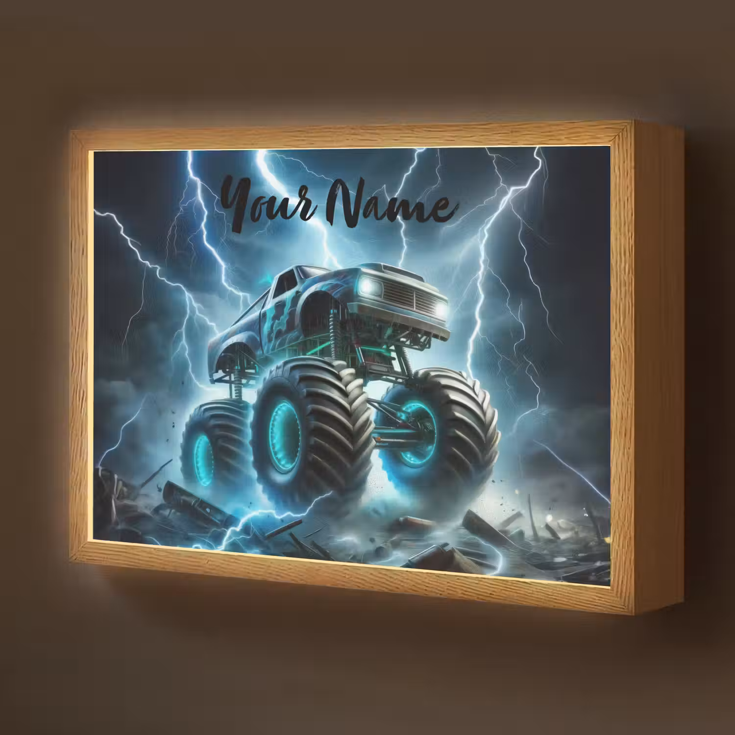 Monstertruck - Bliksem - Blauw - Jongens - Auto Light Box met batterij (Wandlamp kind) middel -z3d_website