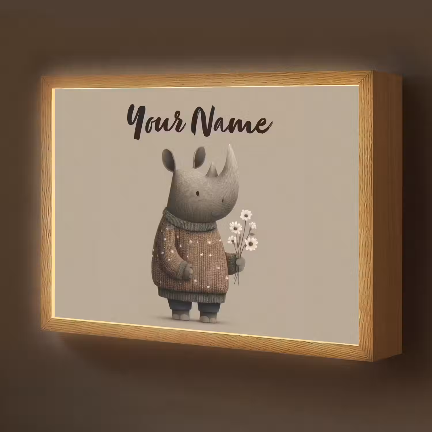 Neushoorn - Witte bloemen - Lief Light Box met batterij (Wandlamp kind) middel -z3d_website