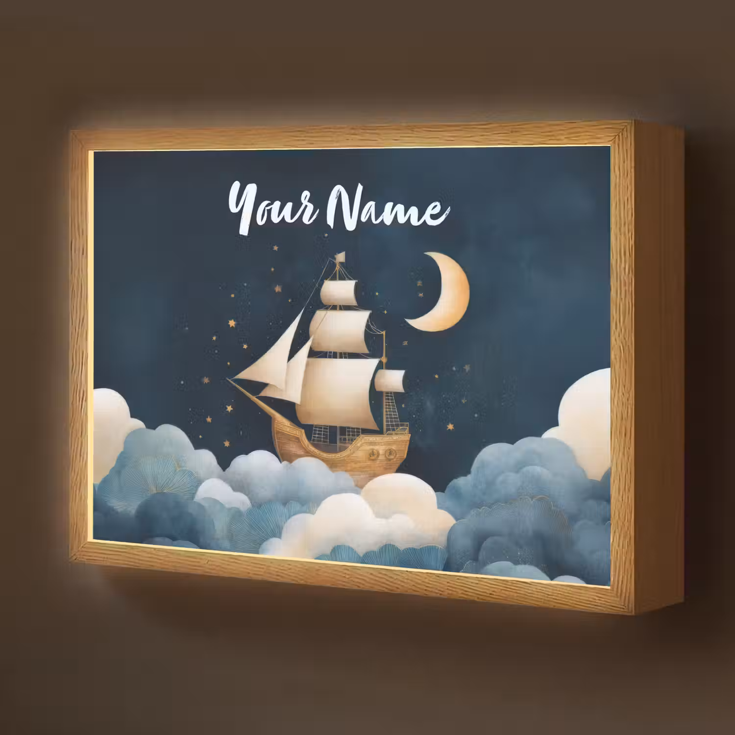 Zeilschip - Sterrenhemel - Wolken - Blauw Light Box met batterij (Wandlamp kind) middel -z3d_website