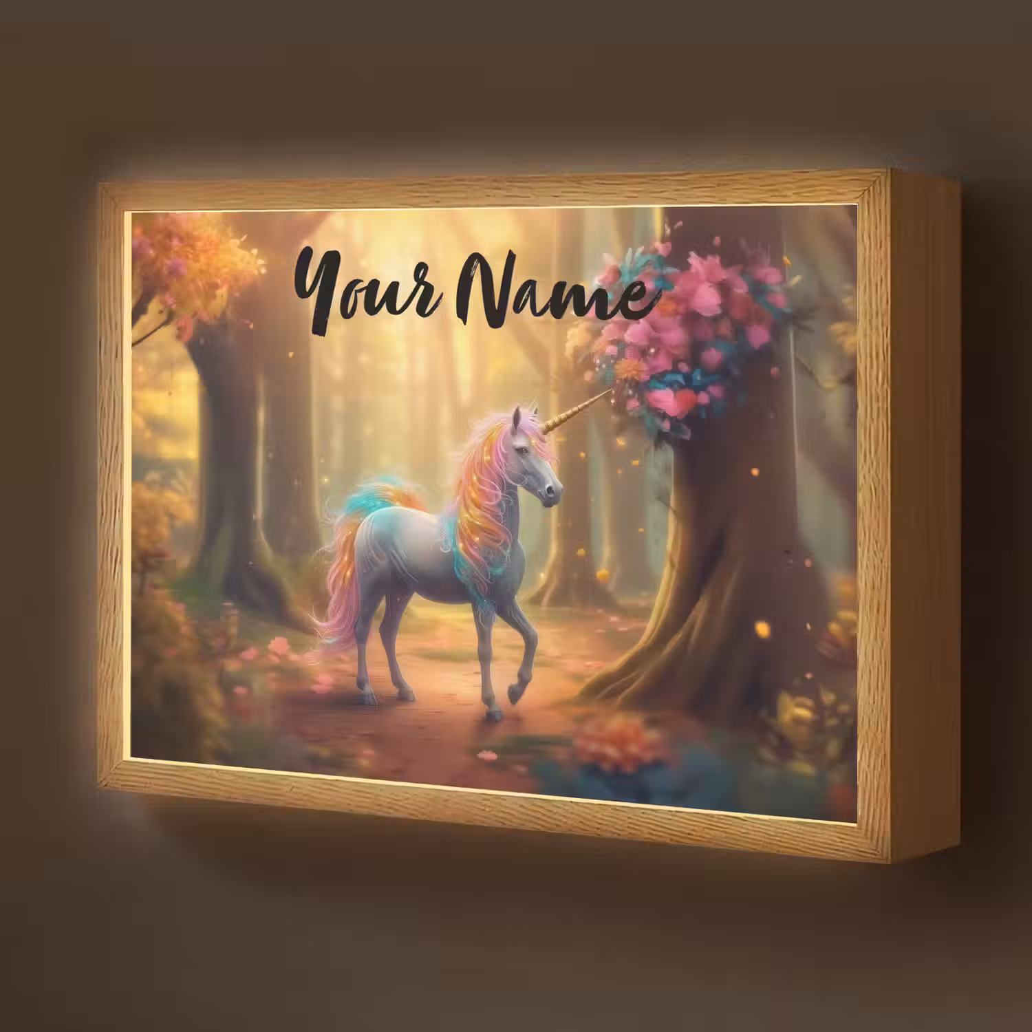 Eenhoorn - Bos - Kleurrijk - Bloemen - Meiden Light Box met batterij (Wandlamp kind) middel -z3d_website