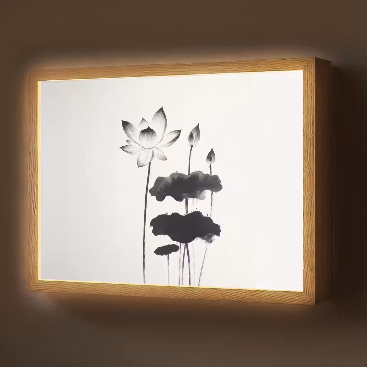 Bladeren - Zwart - Lotusbloem - Minimalitisch Light Box met batterij (Wandlamp) middel -z3d_website