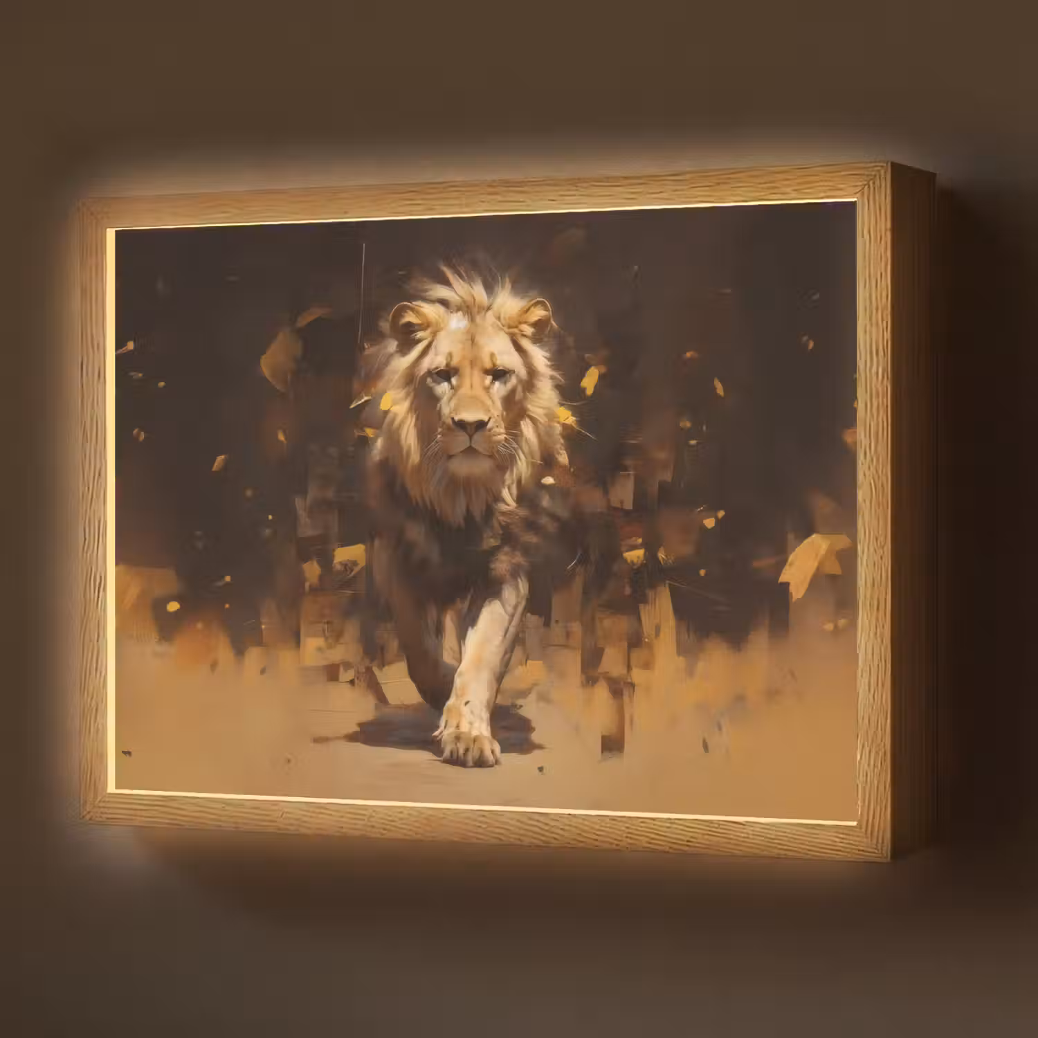 Leeuw - Geschilderd - Abstract - Goud Light Box met batterij (Wandlamp) middel -z3d_website
