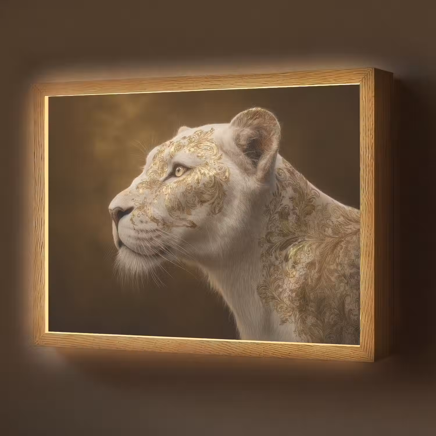 Leeuwin - Bloemen - Wit - Goud Light Box met batterij (Wandlamp) middel -z3d_website