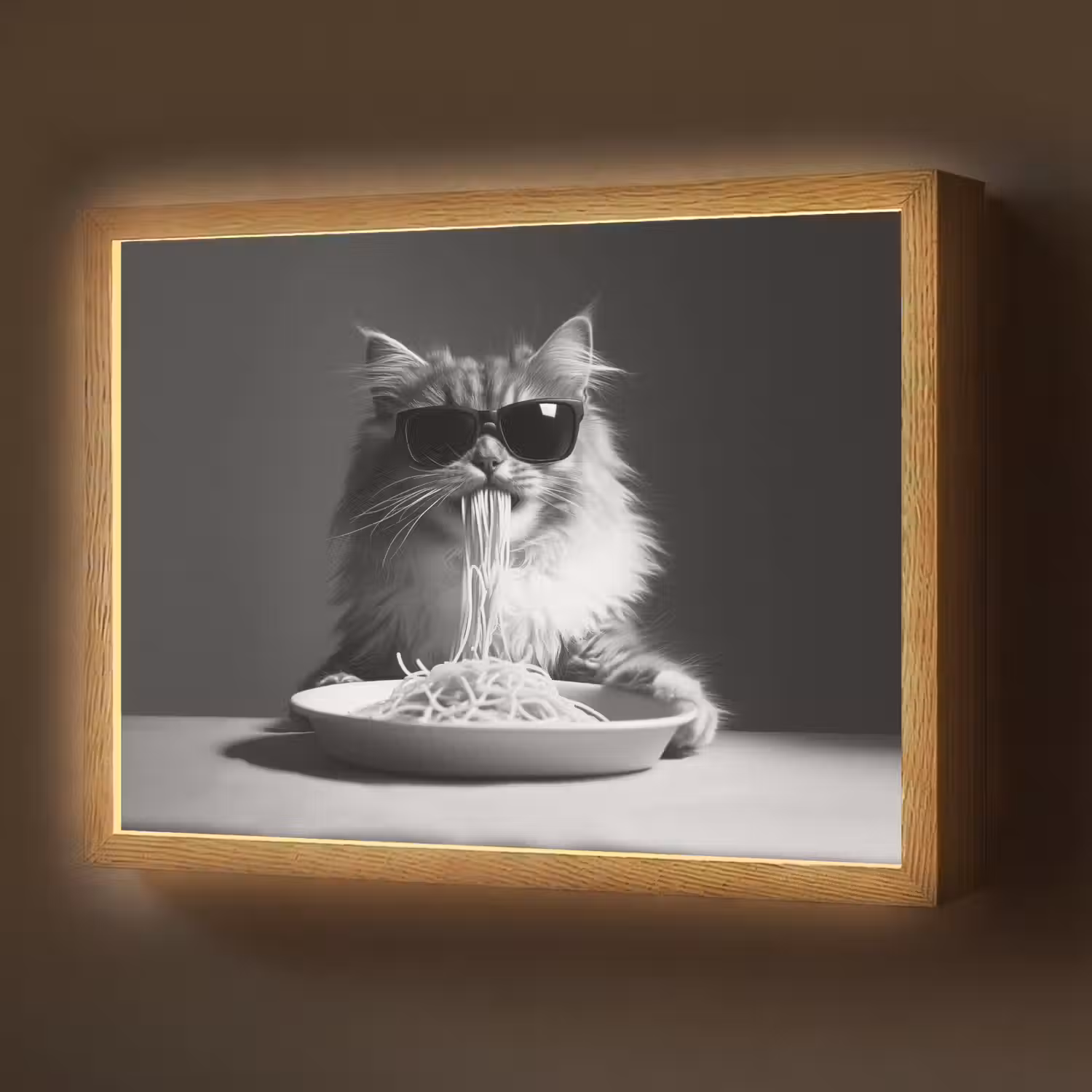 Langharige kat - Zonnebril - Spaghetti - Humor - Zwart - wit Light Box met batterij (Wandlamp) middel -z3d_website
