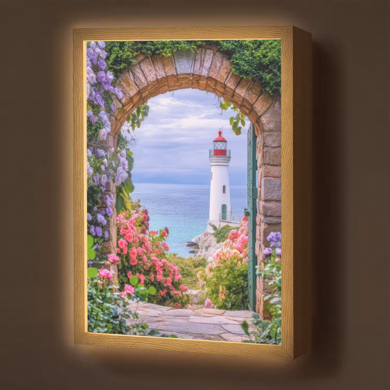 Doorkijk - Vuurtoren - Bloemen - Uitzicht Light Box met batterij (Wandlamp) middel -z3d_website