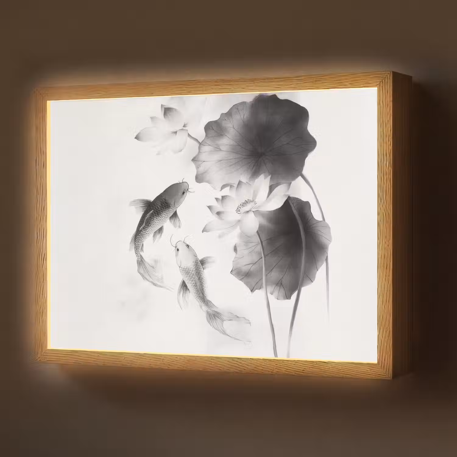 Lotusbloemen - Vissen - Bladeren - Zwart Light Box met batterij (Wandlamp) middel -z3d_website