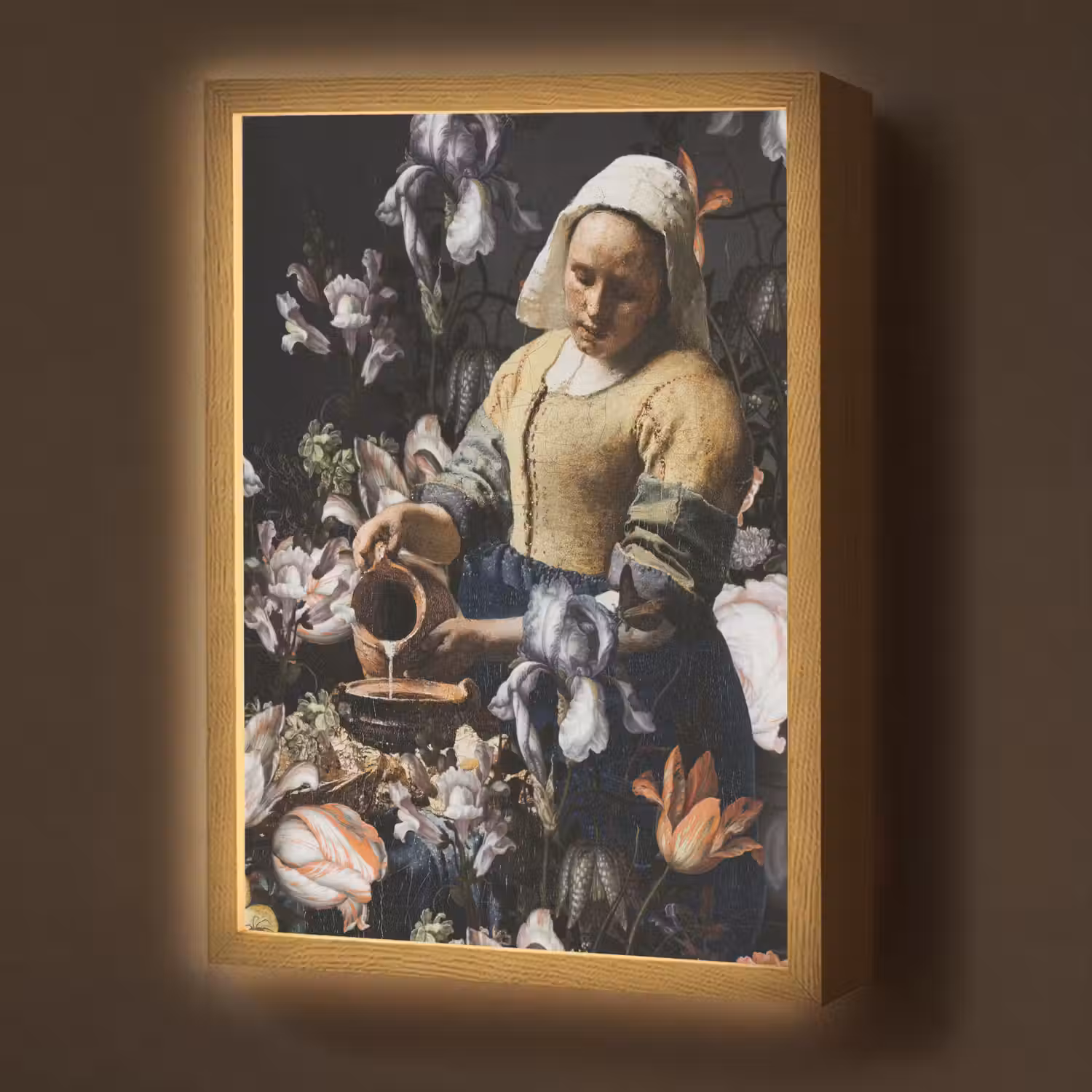Melkmeisje - Johannes Vermeer - Bloemen - Blauw Light Box met batterij (Wandlamp) middel -z3d_website
