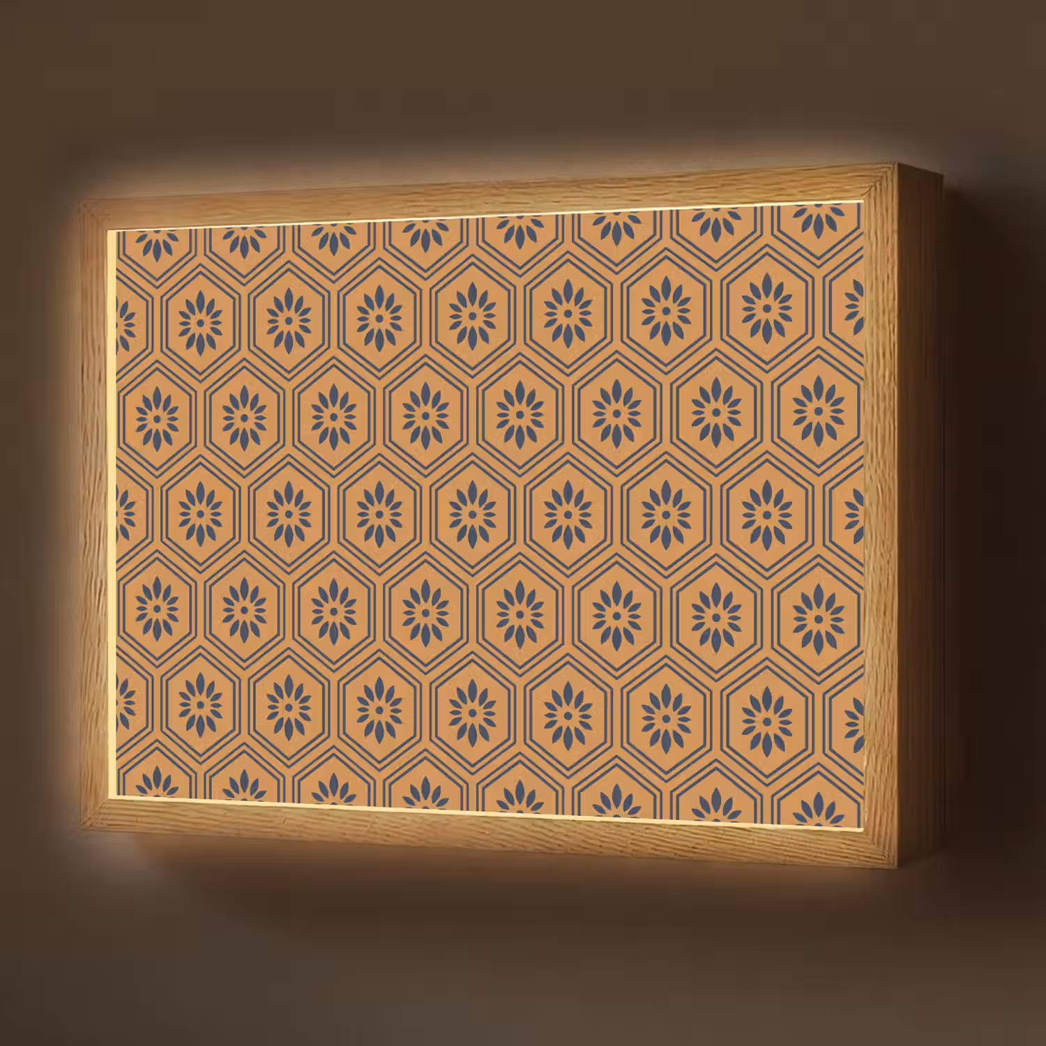 Okergeel - Patroon - Bloem - Donkerblauw Light Box met batterij (Wandlamp) middel 907 -z3d_website