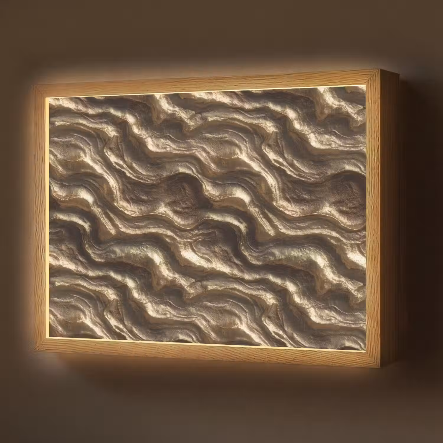 Reliëf - Golven - Abstract - Bronsgoud Light Box met batterij (Wandlamp) middel 907 -z3d_website