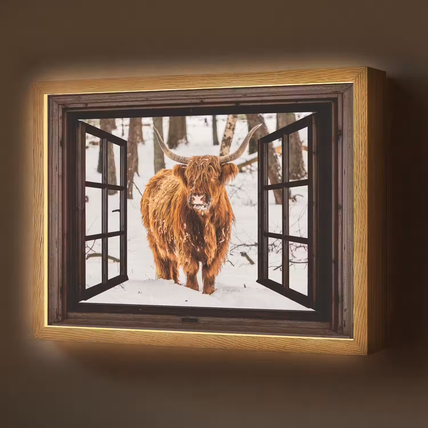Schotse Hooglander - Sneeuw - Natuur - Dieren - Doorkijk - Winter Light Box met batterij (Wandlamp) middel -z3d_website