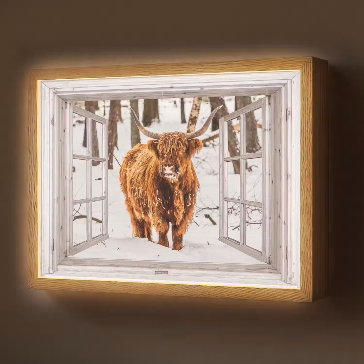 Schotse Hooglander - Sneeuw - Winter - Natuur - Dier - Doorkijk - Landelijk Light Box met batterij (Wandlamp) middel -z3d_website