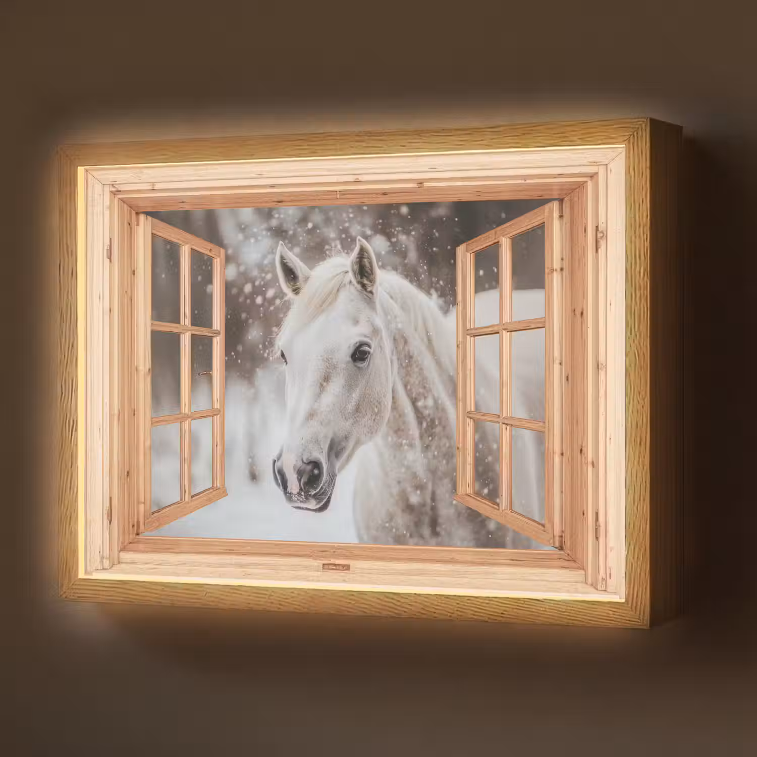 Doorkijk - Paard - Wit - Winter - Sneeuw - Dieren Light Box met batterij (Wandlamp) middel -z3d_website