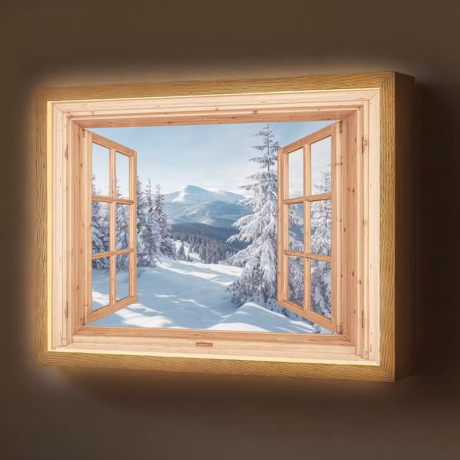 Doorkijk - Winterlandschap - Natuur - Berg - Bomen - Hout Light Box met batterij (Wandlamp) middel -z3d_website