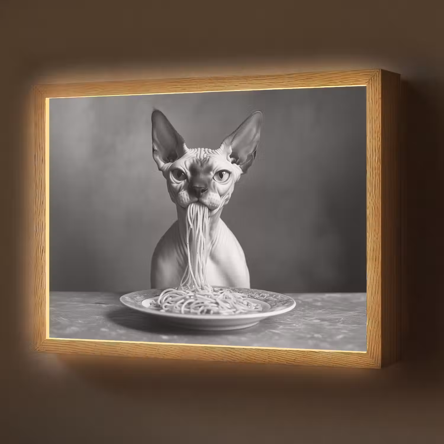 Sphynx - Kat - Dieren - Humor - Spaghetti - Zwart Wit Light Box met batterij (Wandlamp) middel -z3d_website